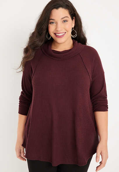 Plus Size Wayside Solid Waffle Cowl Neck Top
