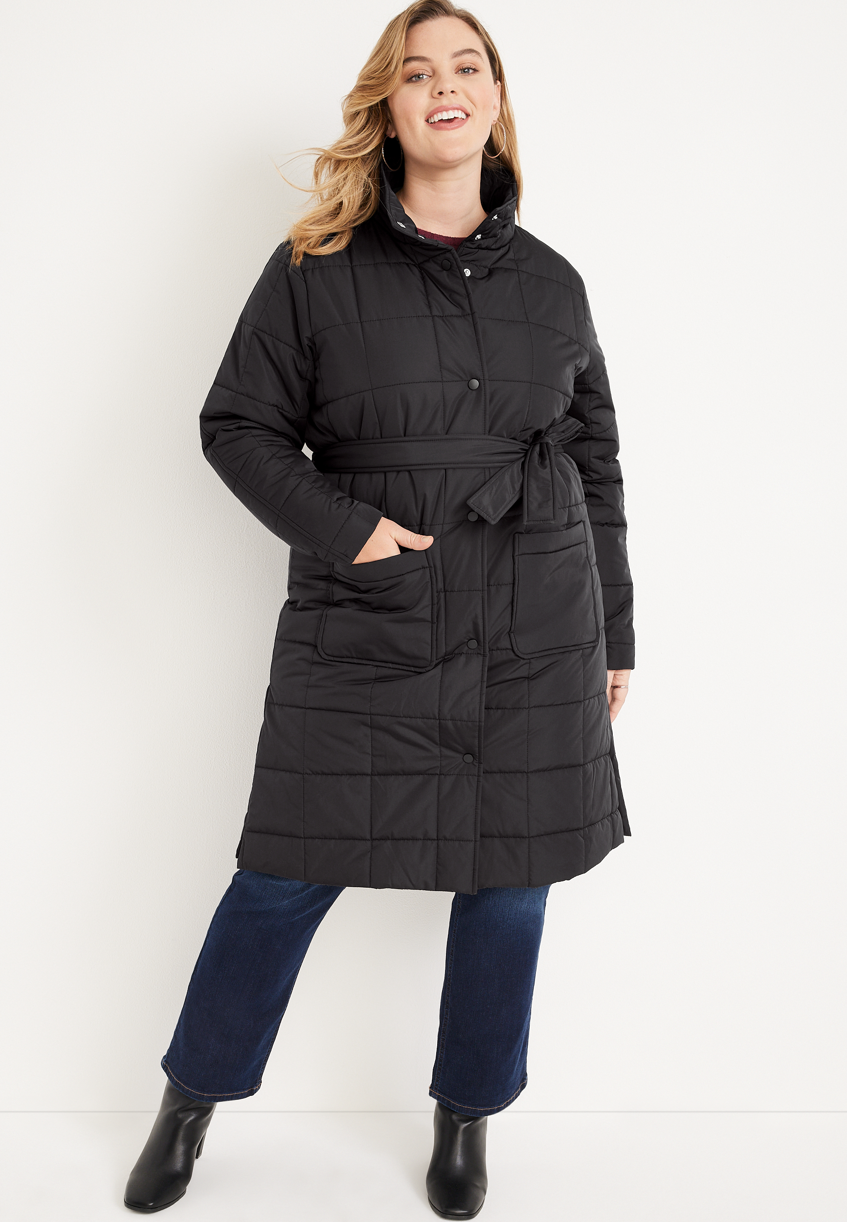 Plus Size Black Longlined Belted Puffer Jacket maurices