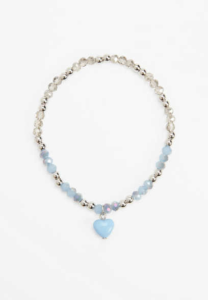 Girls Blue Beaded Heart Stretch Bracelet