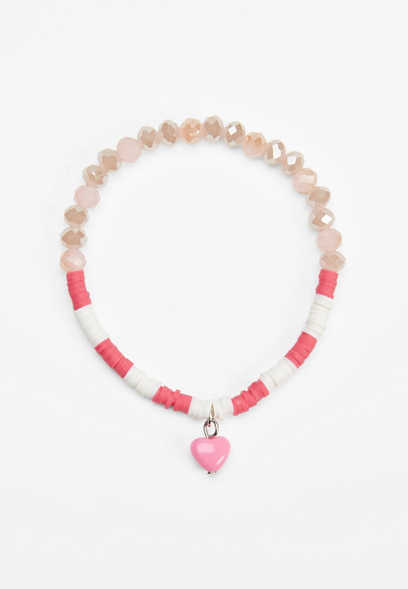 Girls Pink Multi Beaded Heart Stretch Bracelet