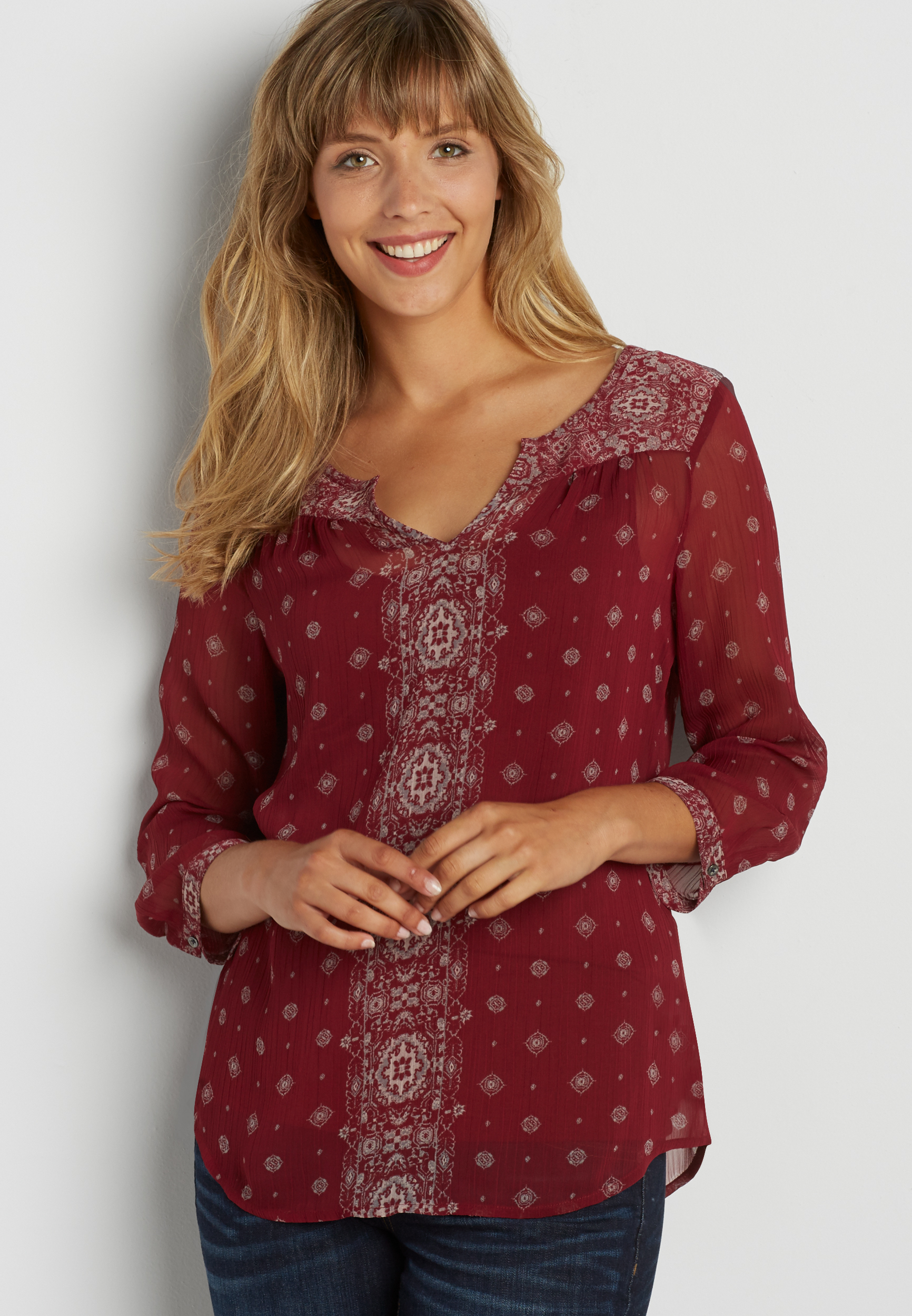 the perfect patterned blouse in rose petal red | maurices