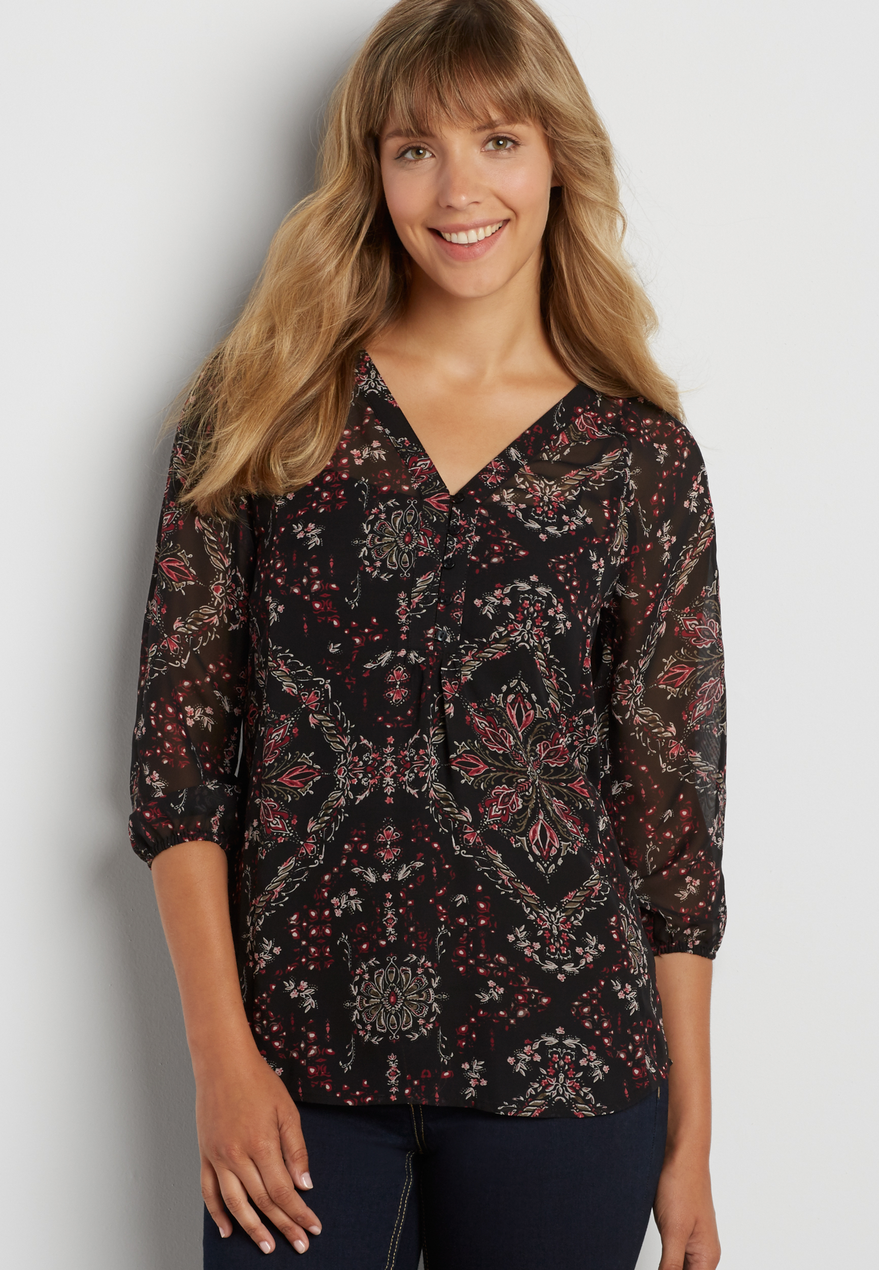 the perfect blouse in floral print with button down neckline | maurices