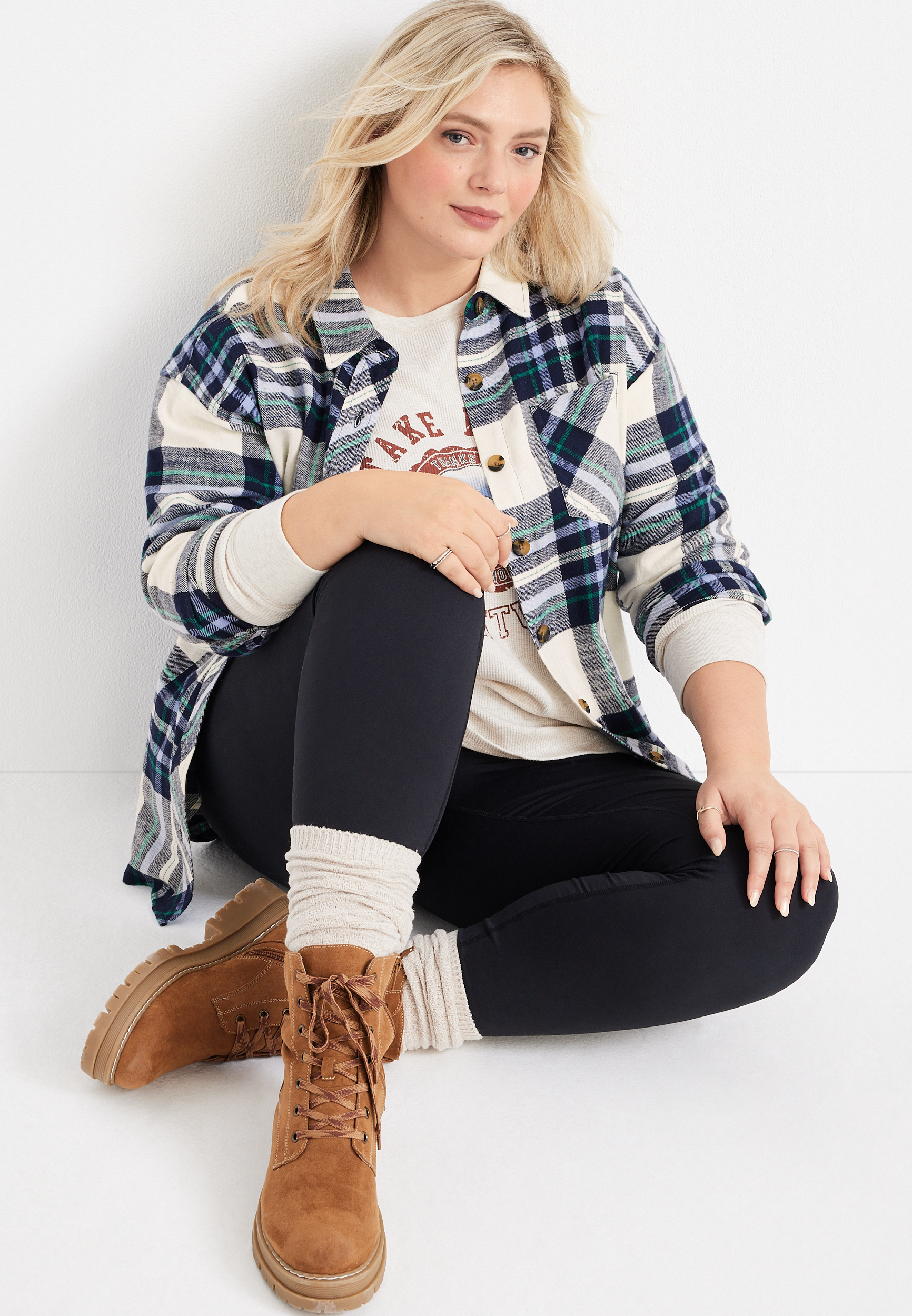 Plus Size Cabin Plaid Boyfriend Button Down Shirt, , large