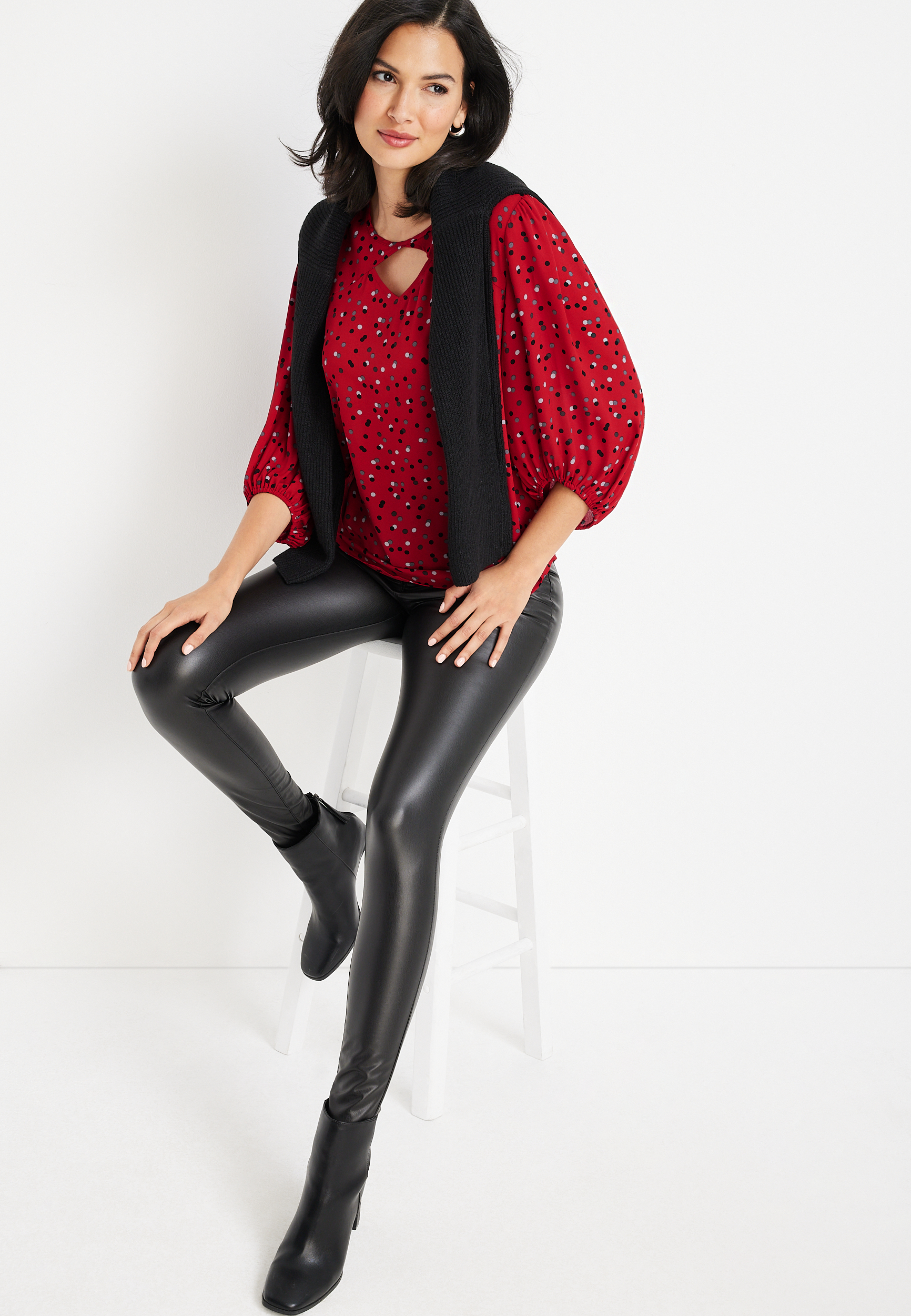 Polka Dot Cut Out Peasant Blouse, REBEL RED COMBO, large