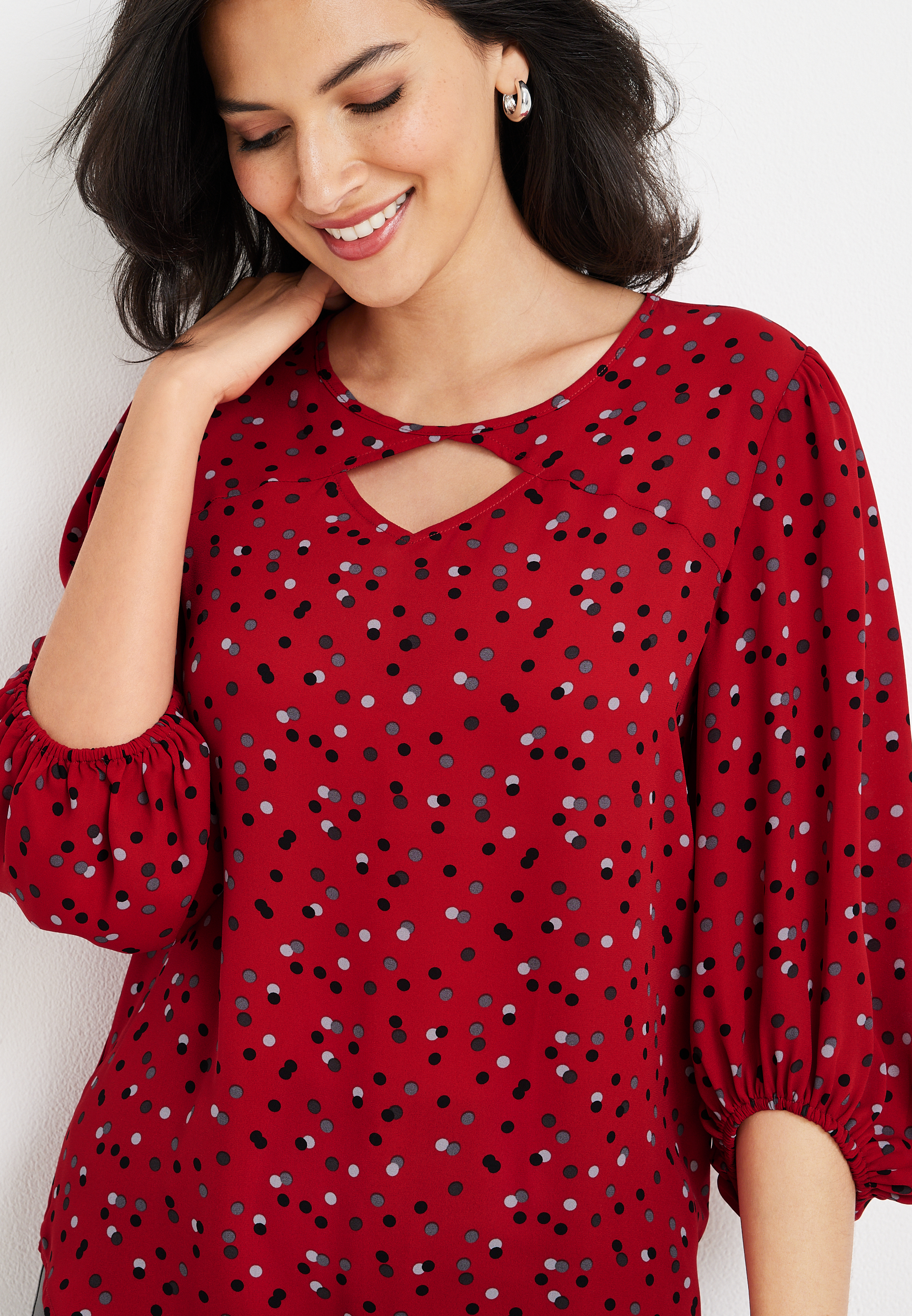 Polka Dot Cut Out Peasant Blouse, REBEL RED COMBO, large