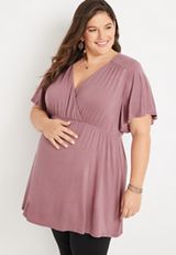 Plus Size Flutter Sleeve Babydoll Nursing Friendly Maternity Top, C3545, small