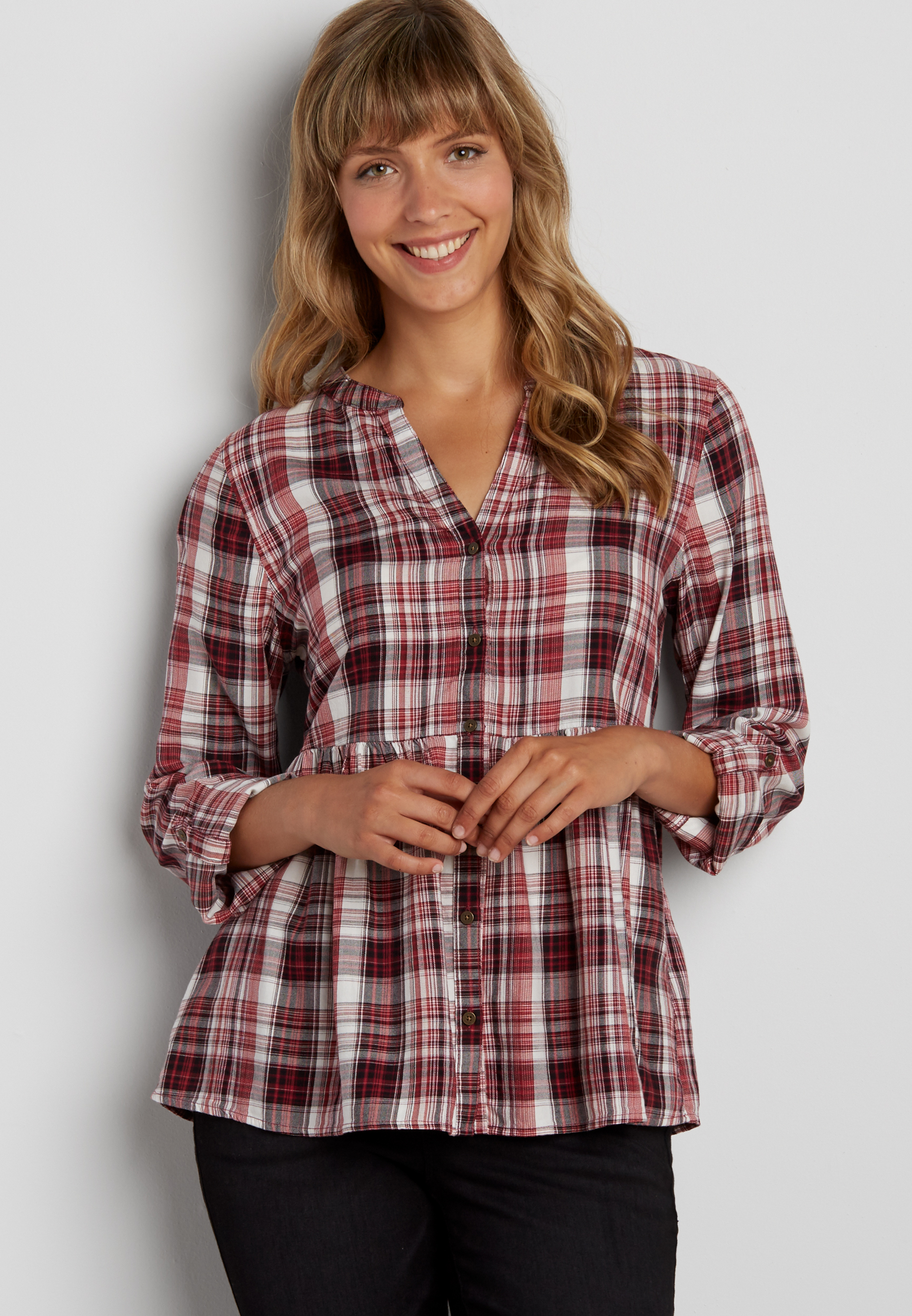 button down plaid shirt with cinched waist | maurices