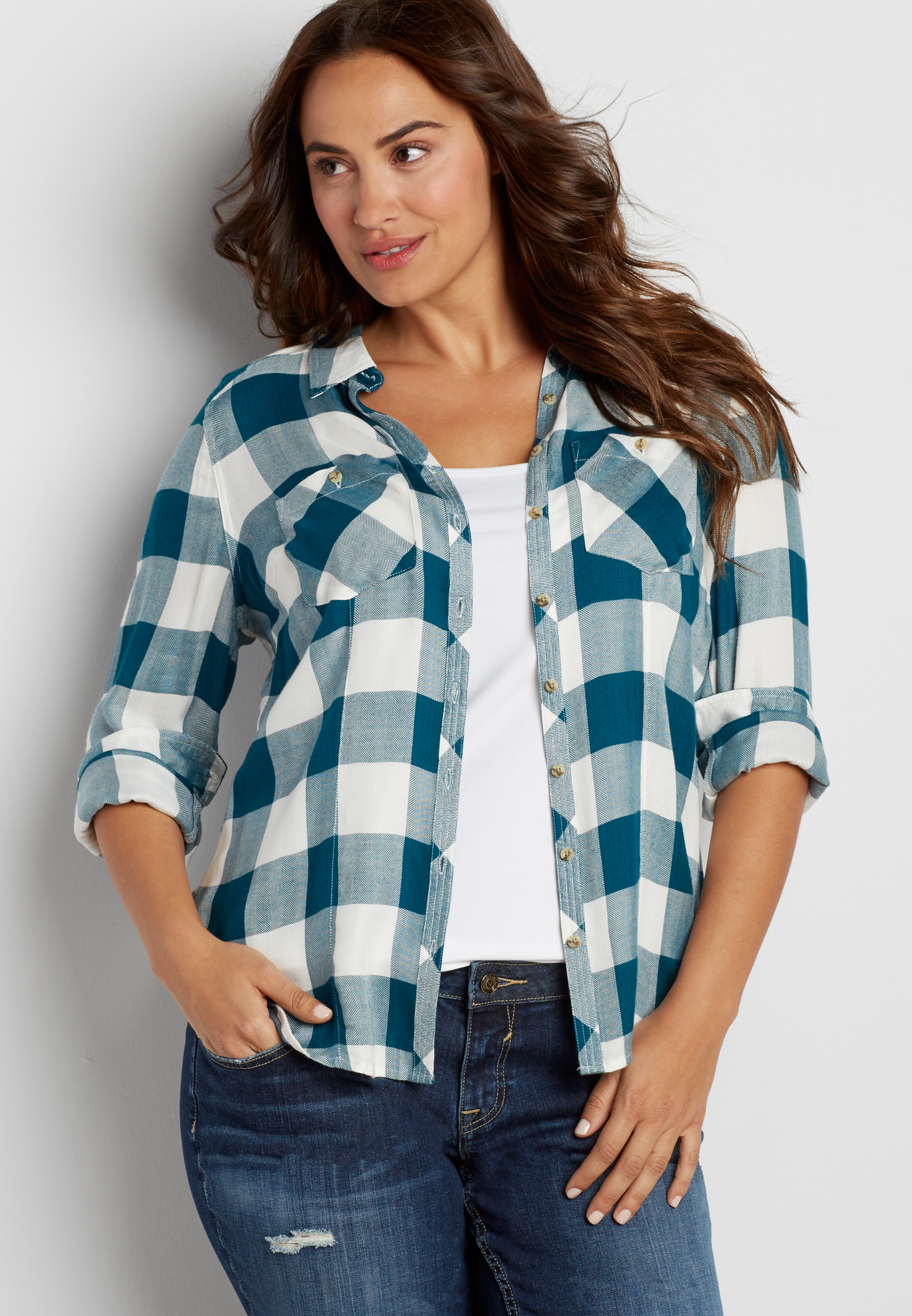 Plus Size Button Down Buffalo Plaid Shirt In Teal | Maurices