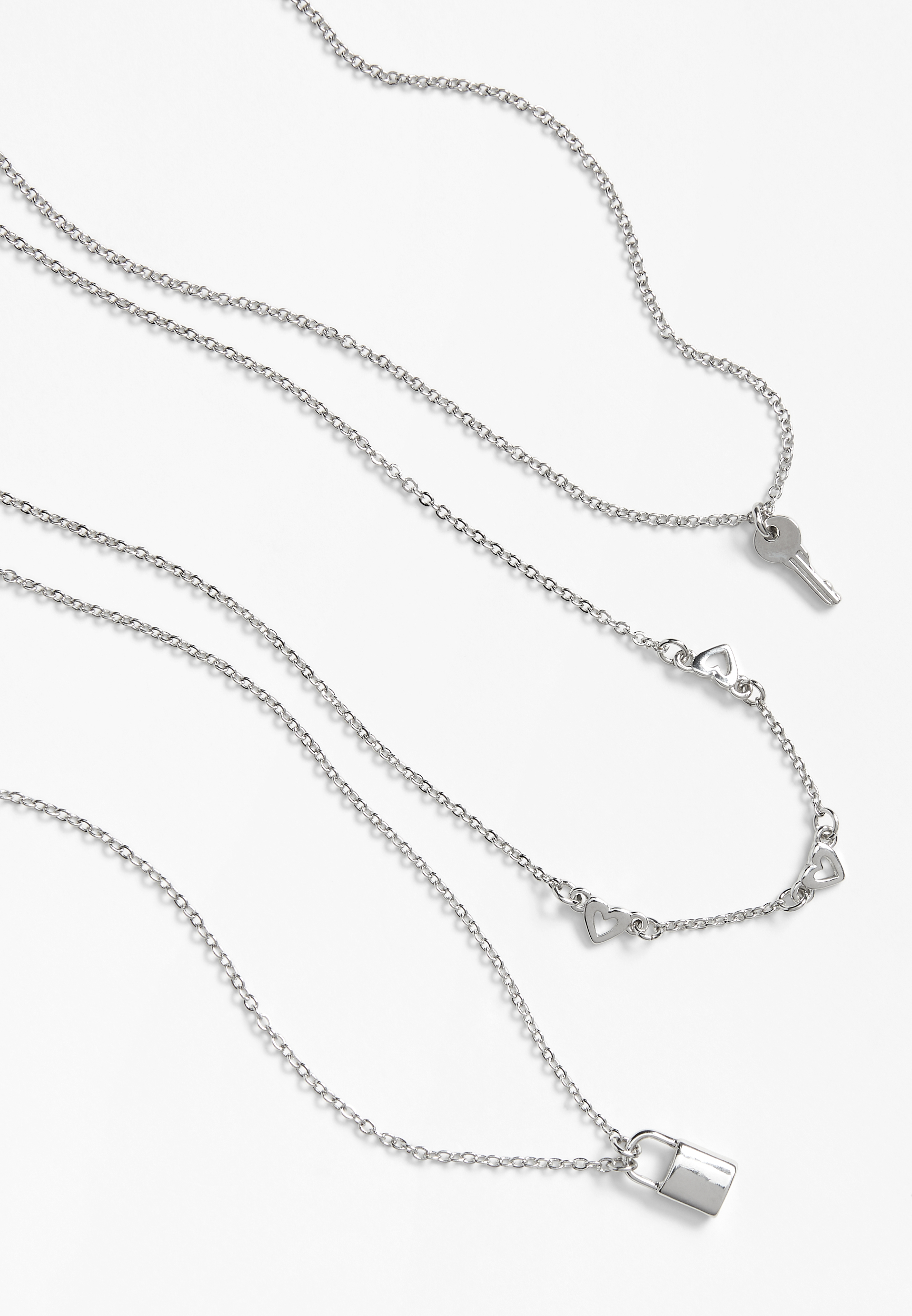 3 Piece Silver Lock and Key Necklace Set, , large