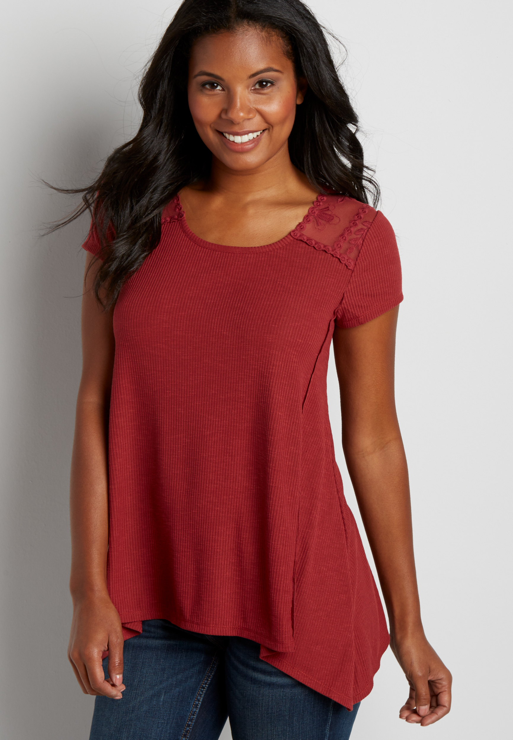 ribbed tee with shark bite hem and embroidered mesh yoke | maurices