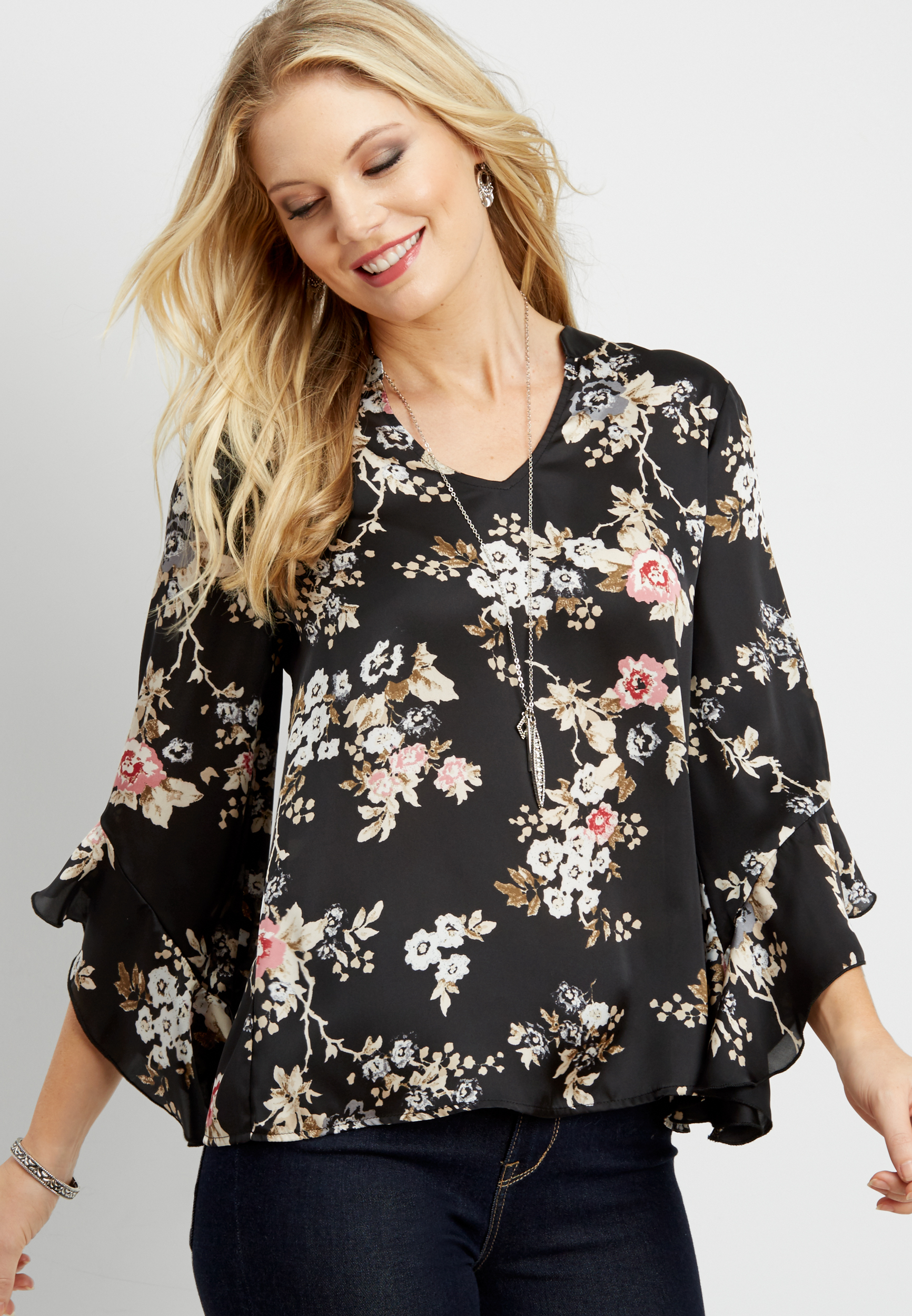 OLD floral print satin blouse with ruffled sleeves | maurices
