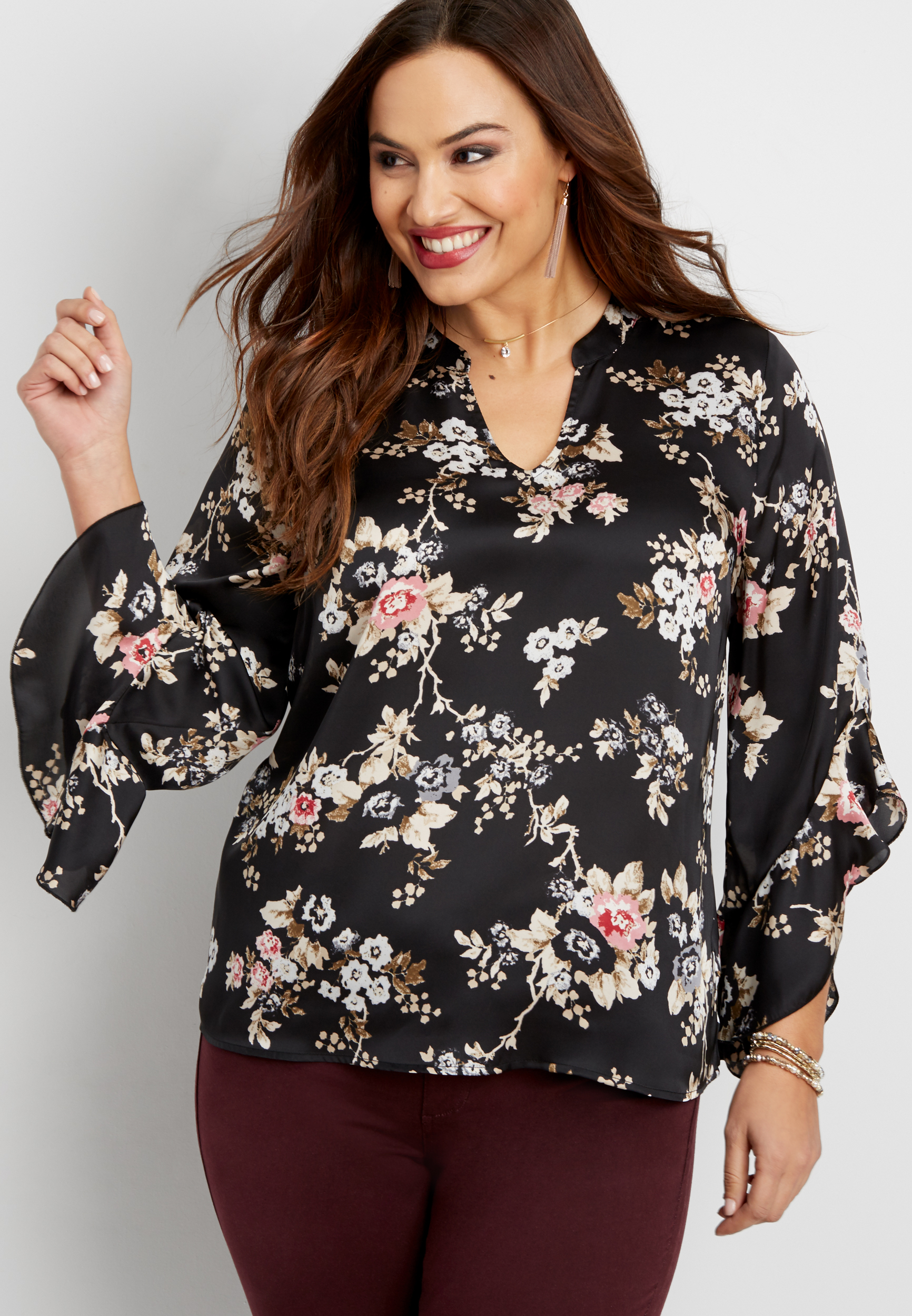 plus size floral print satin blouse with ruffled sleeves | maurices
