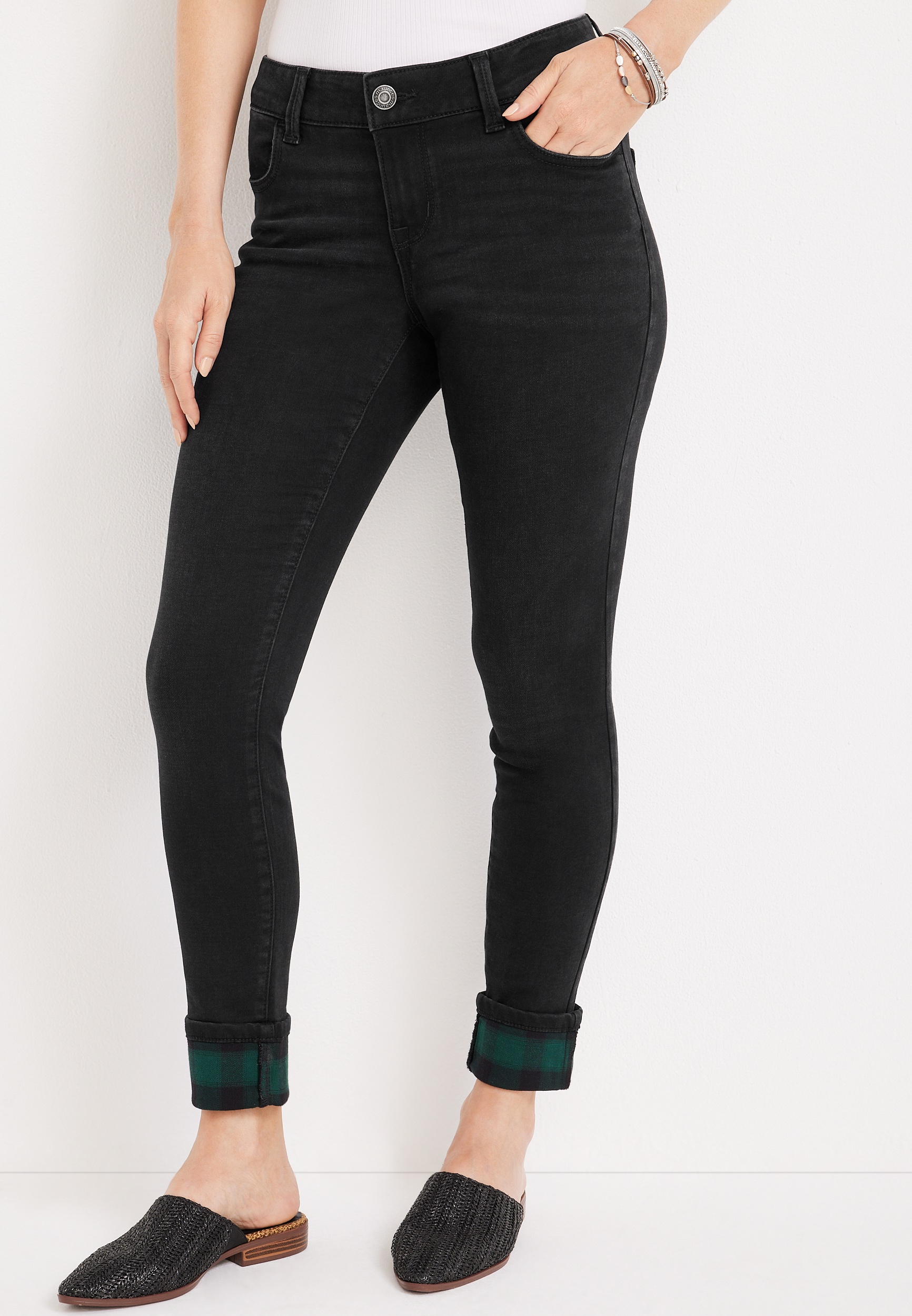 m jeans by maurices™ Black Super Soft Plaid Cuff Low Rise Jean | maurices