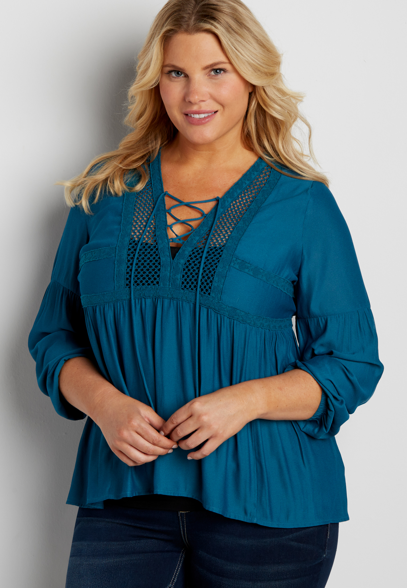 Plus Size Lightweight Peasant Top With Mesh Yoke Maurices