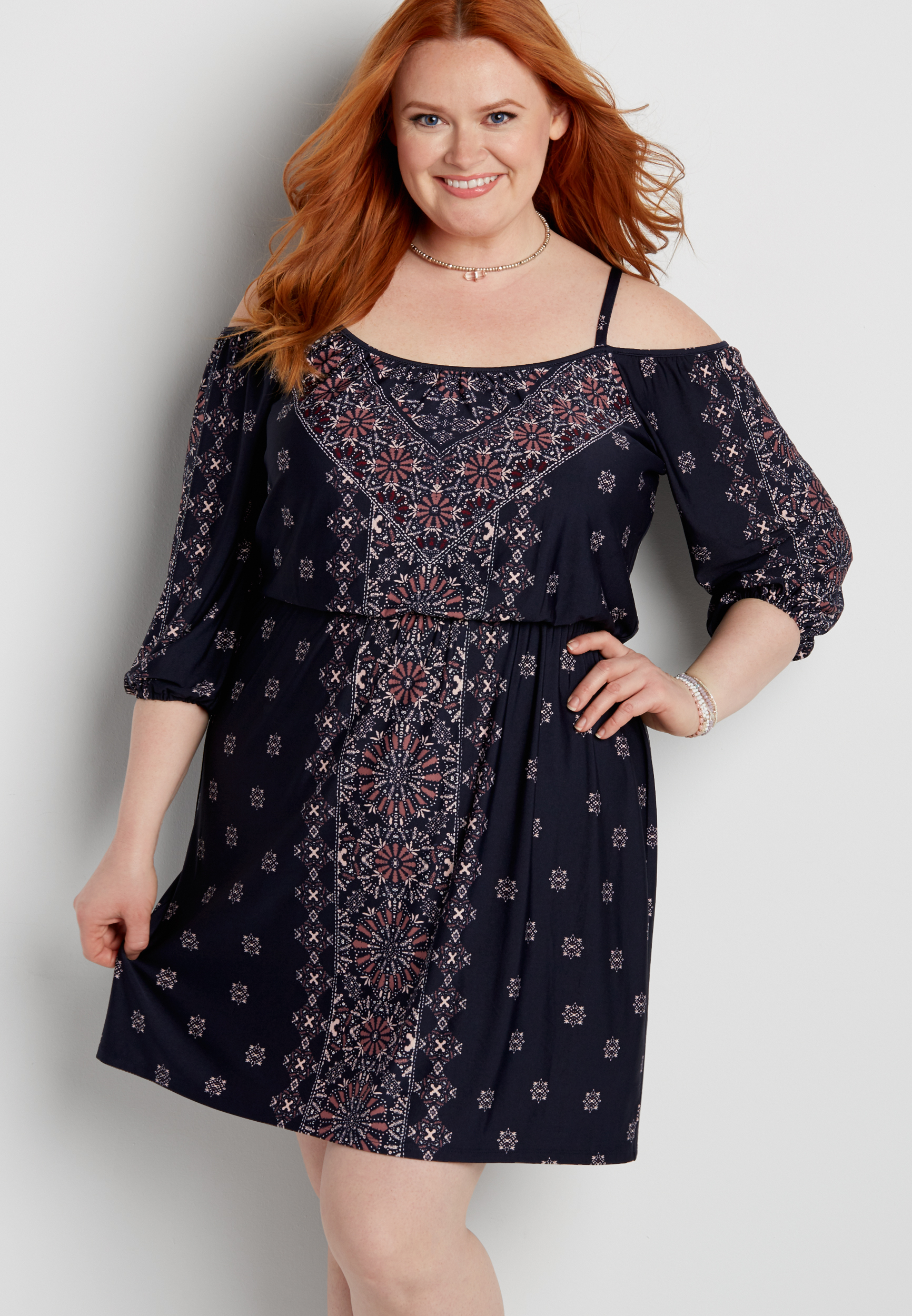 plus size patterned dress with cold shoulders | maurices