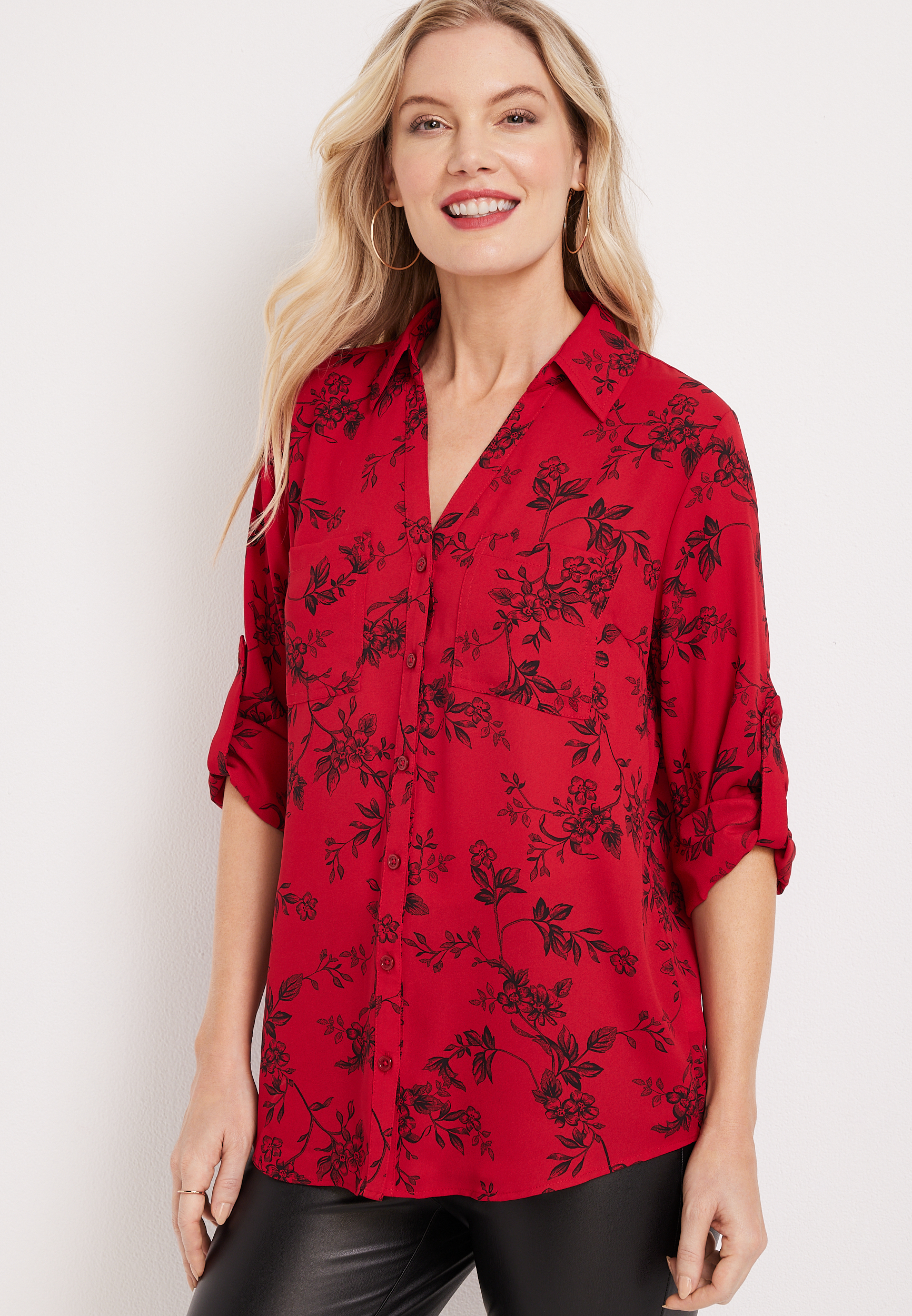 Winona Red Floral Button Down Blouse | maurices