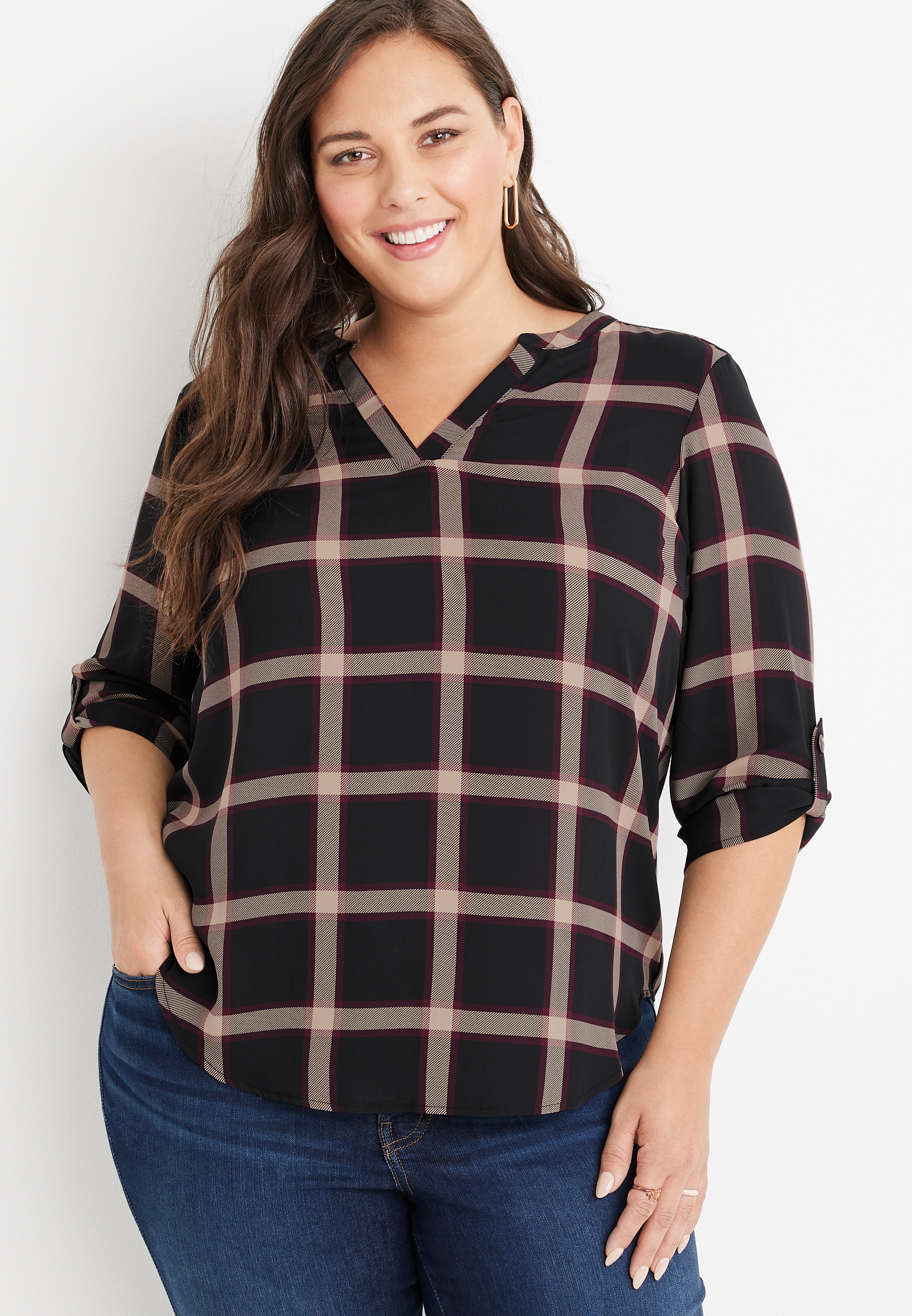 Plus Size Atwood Windowpane 3/4 Sleeve Popover Blouse | maurices