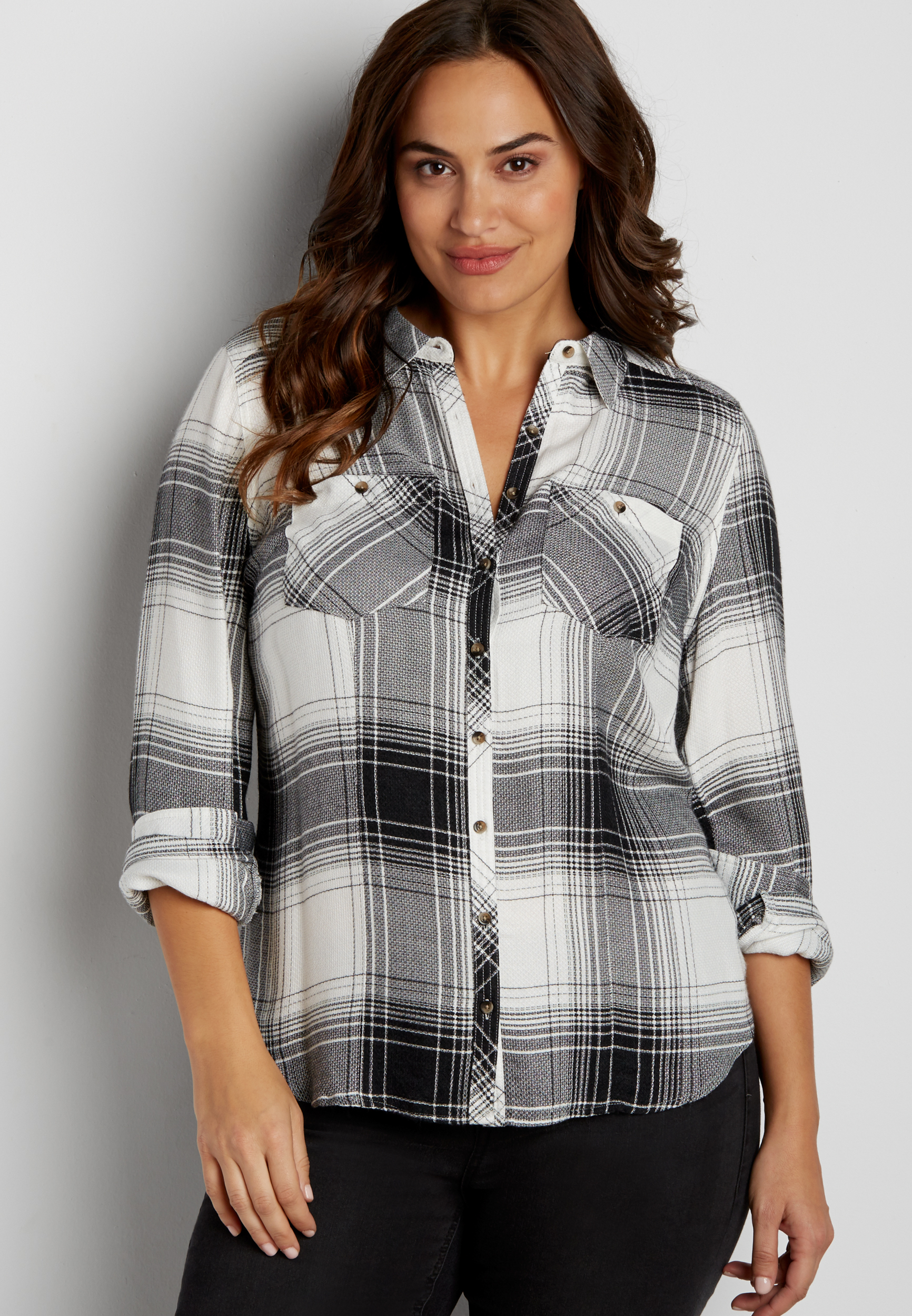 plus size button down shirt in black and white plaid | maurices