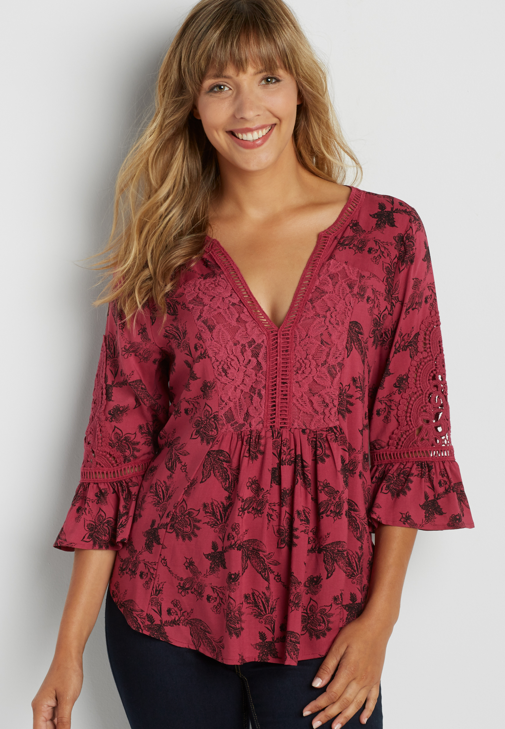 patterned peasant top with lace and crochet | maurices