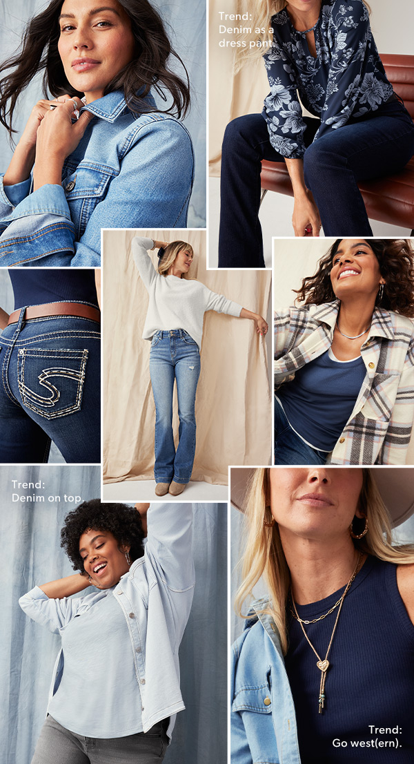 Trend: Denim as a dress pant. Trend: Denim on top. Trend: Go west(ern). Models wearing maurices clothing.