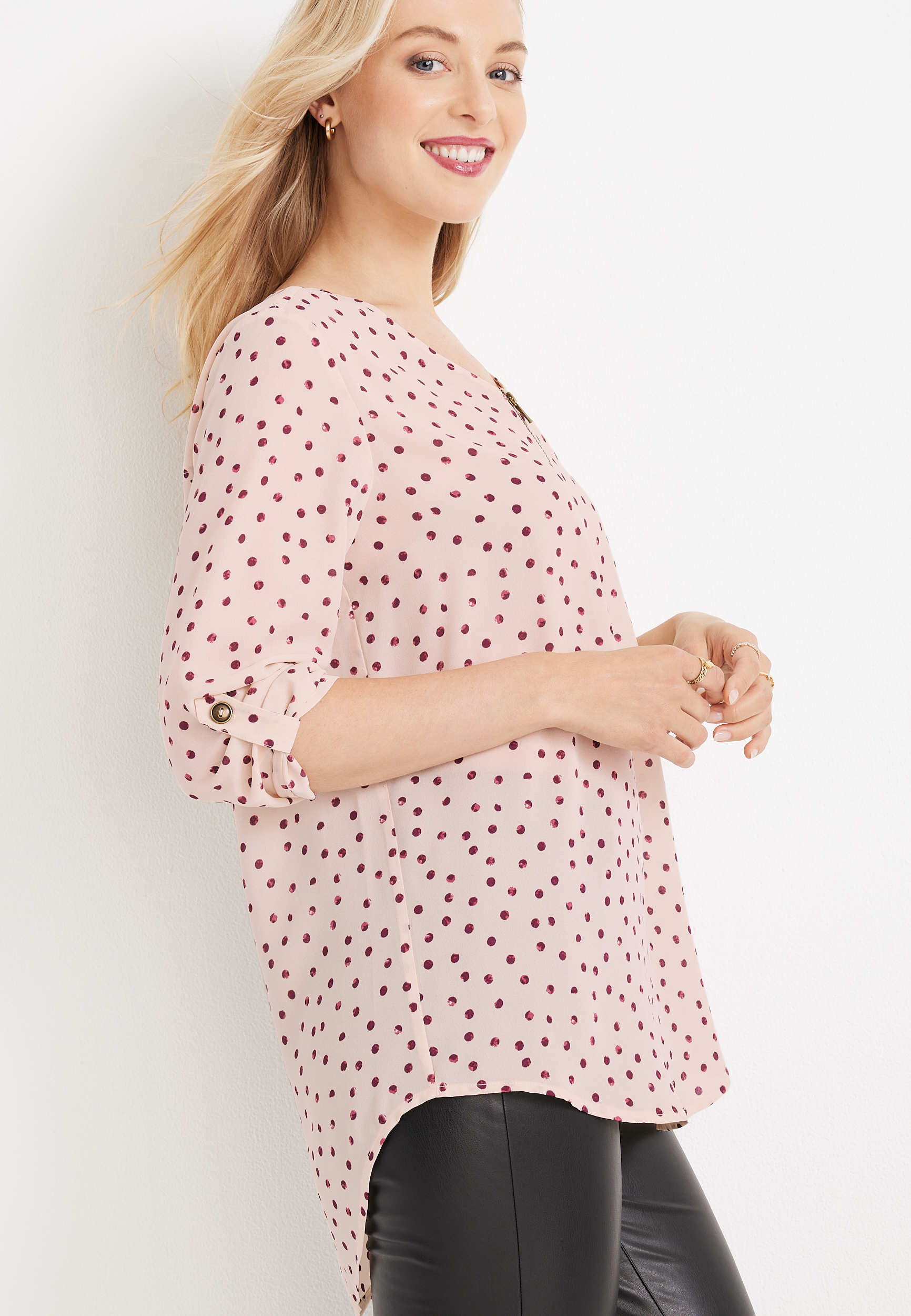 Geneva Polka Dot Zipper Neck Tunic Blouse, C3163, large