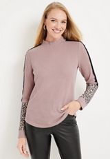 Waffle Knit Animal Print Long Sleeve Tee, , small