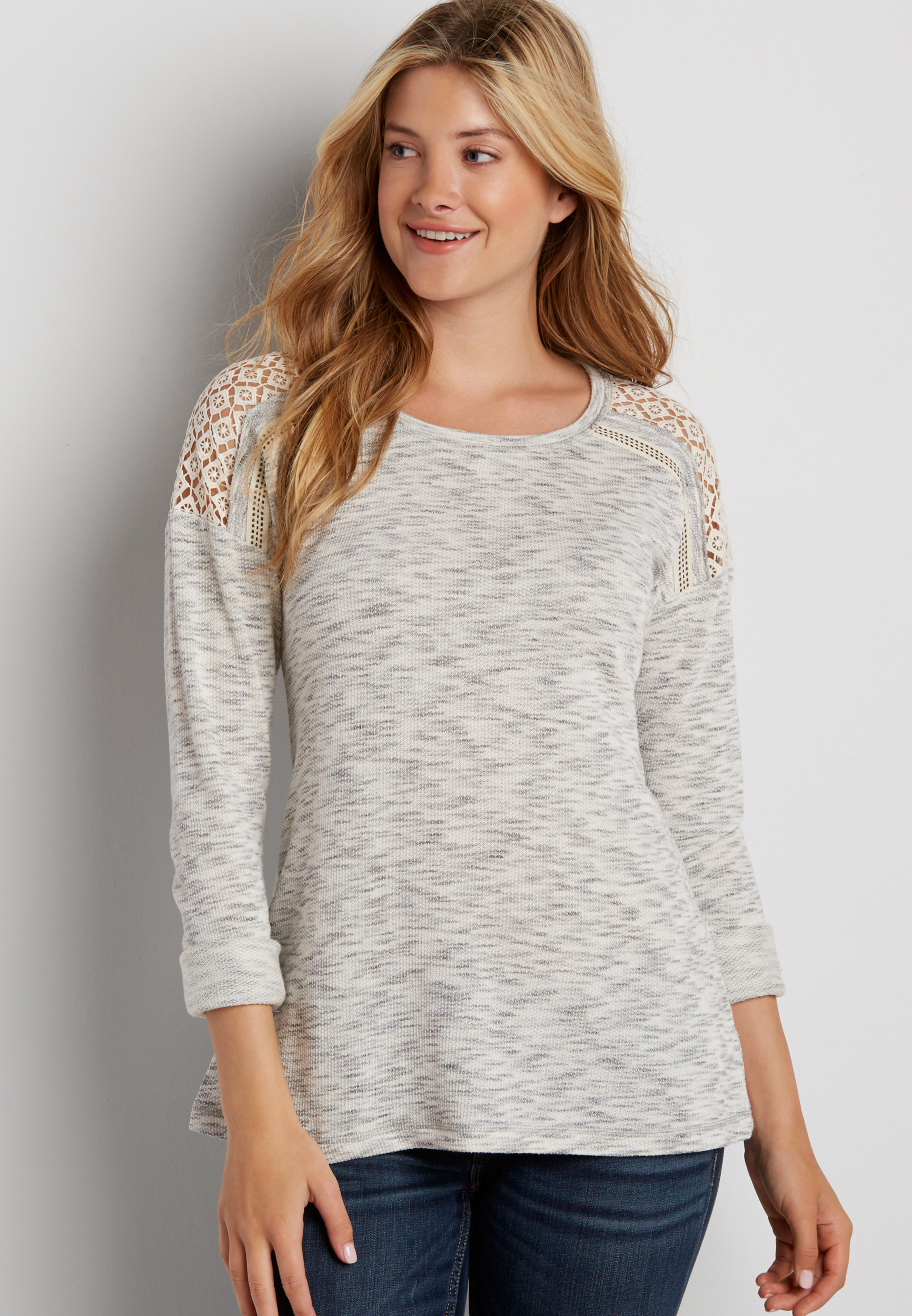 pullover with lace up back and crocheted shoulders | maurices
