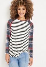 Striped Front Knot Button Mixer Tee, C3986, small