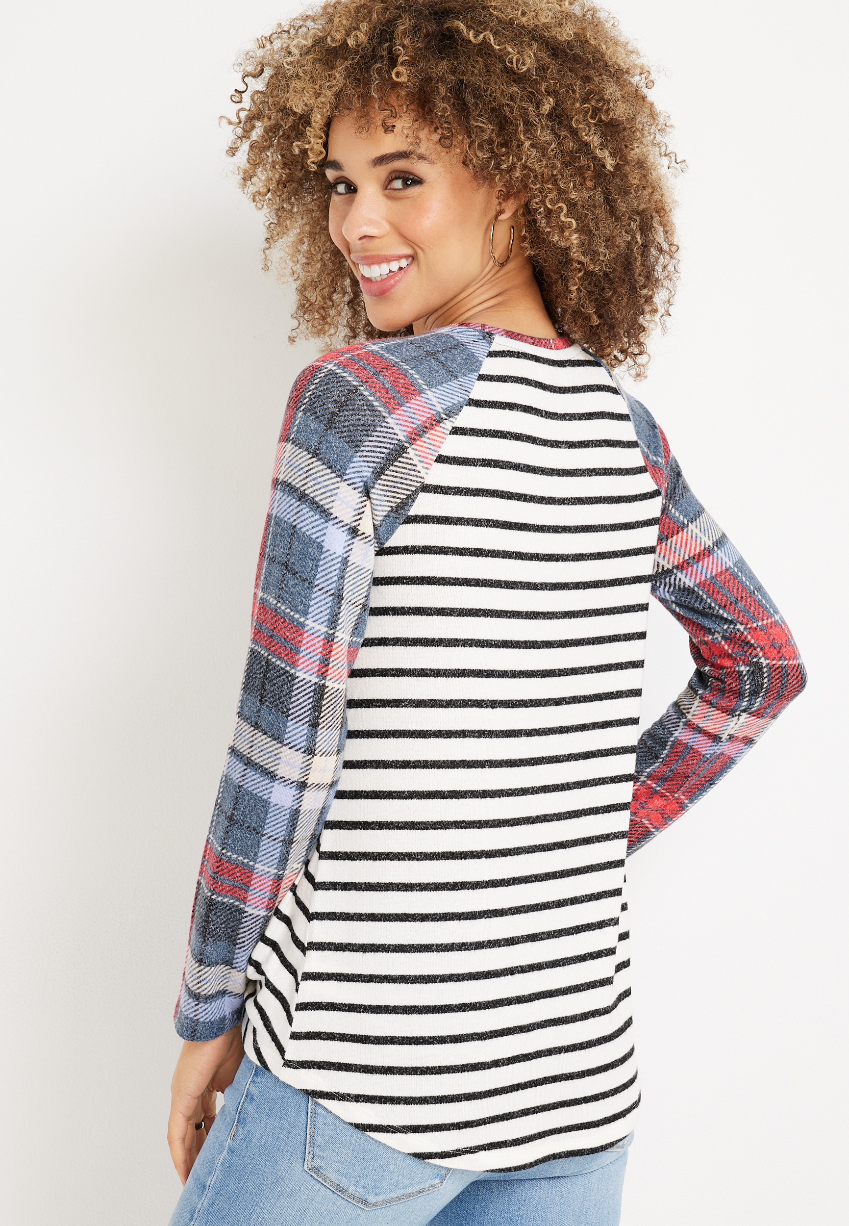 Striped Front Knot Button Mixer Tee, C3986, large