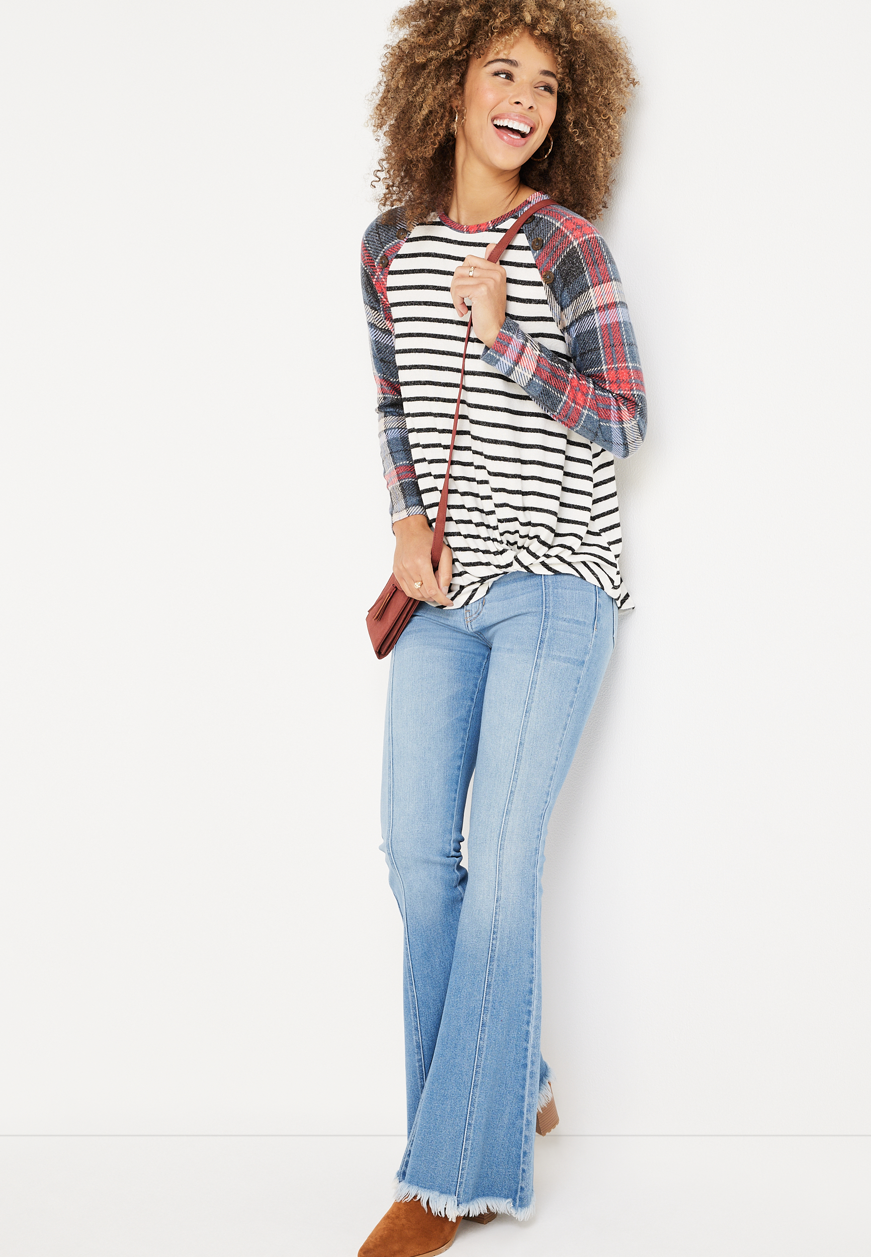 Striped Front Knot Button Mixer Tee, C3986, large
