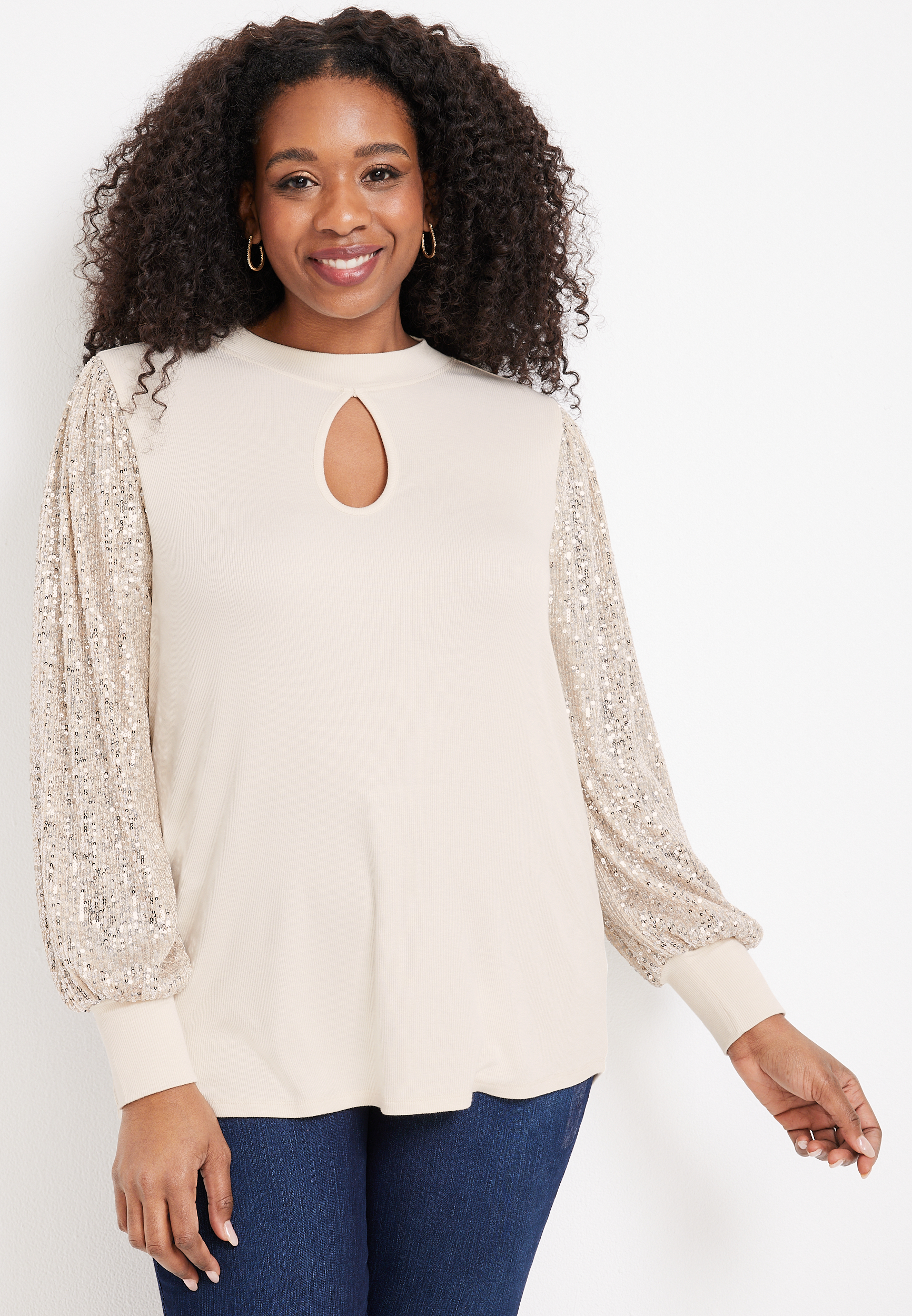 Plus Size Keyhole Front Sequin Sleeve Blouse