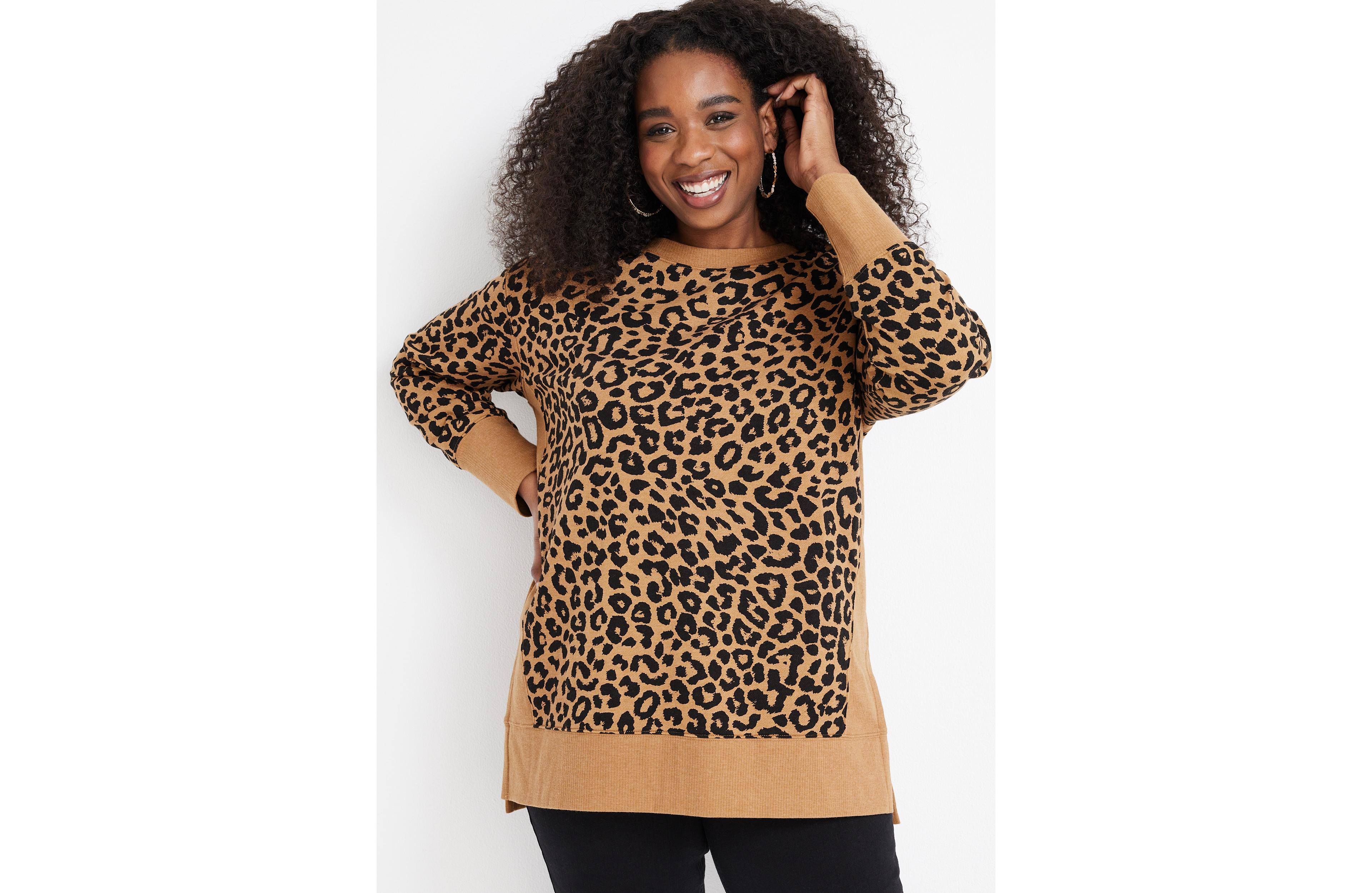 Plus Size Willowsoft Leopard Print Crew Neck Fleece Sweatshirt