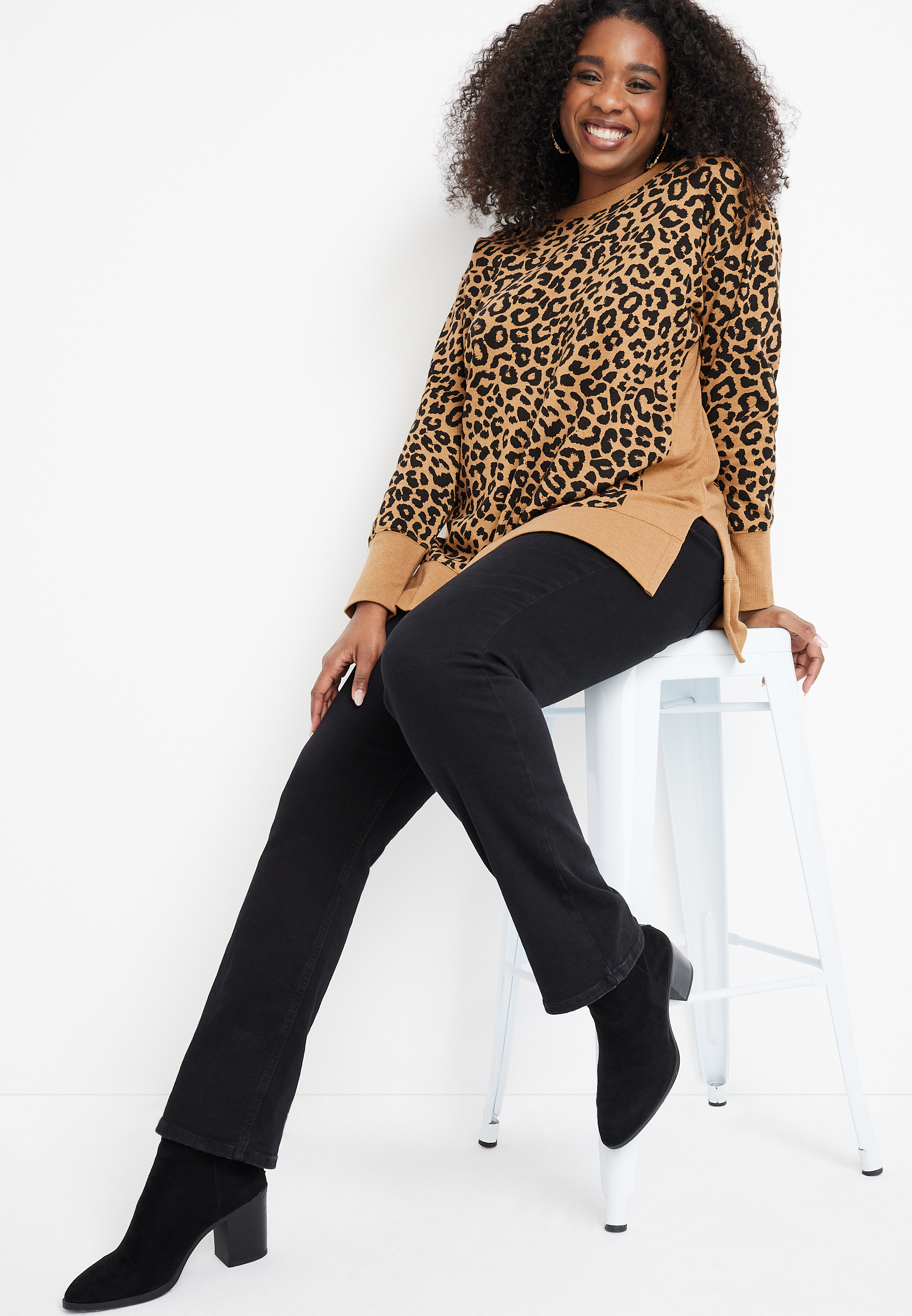 Plus Size Willowsoft Leopard Print Crew Neck Fleece Sweatshirt, C5330, large