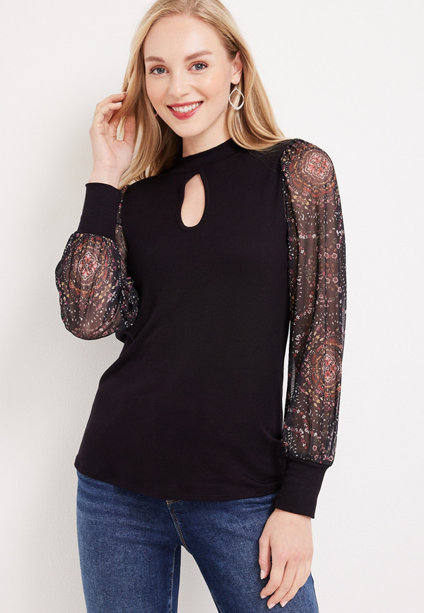 Keyhole Front Printed Mesh Sleeve Blouse | maurices