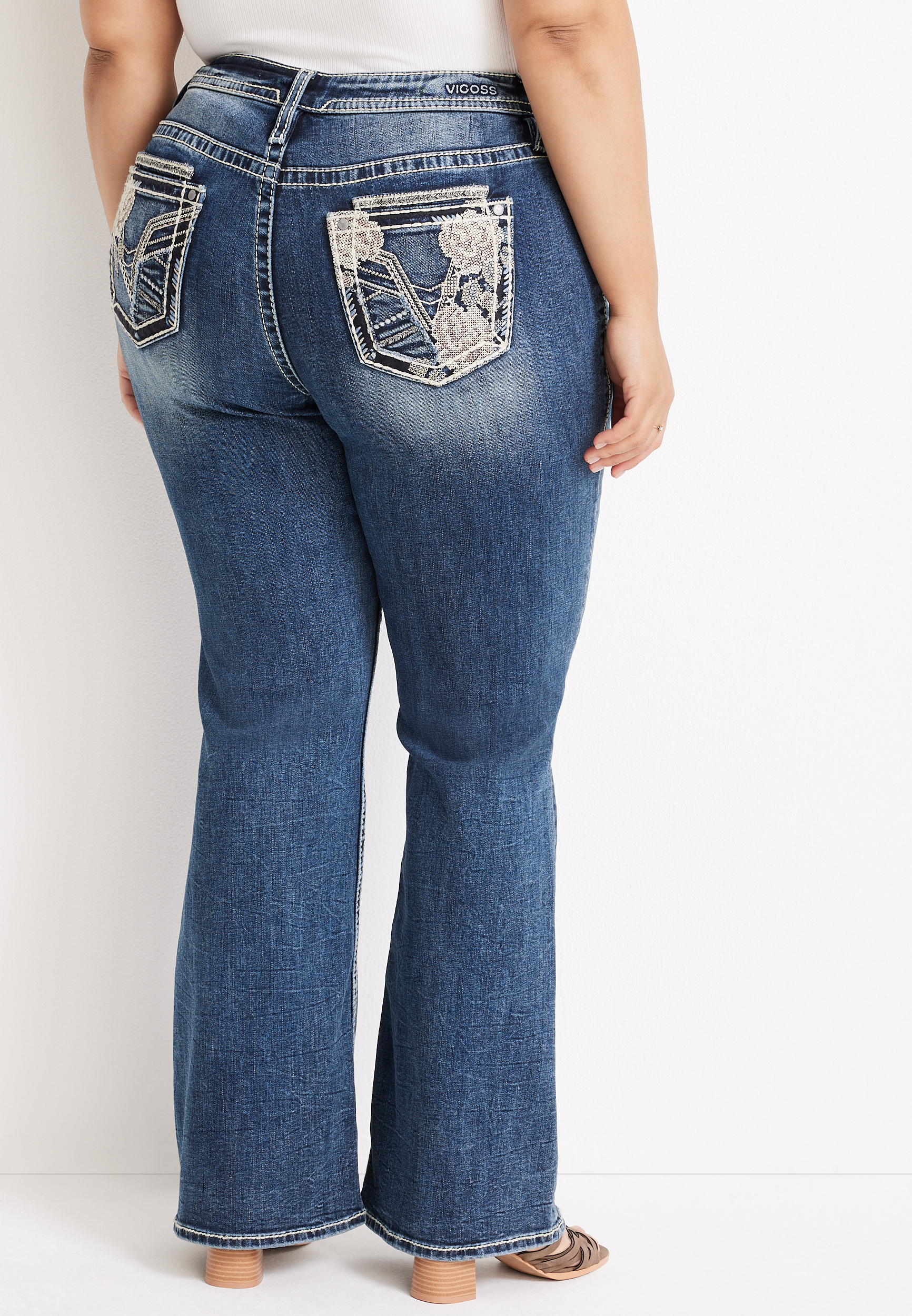 Plus Size Vigoss&reg; Flare Mid Rise Floral Pocket Jean, DARK SANDBLAST, large