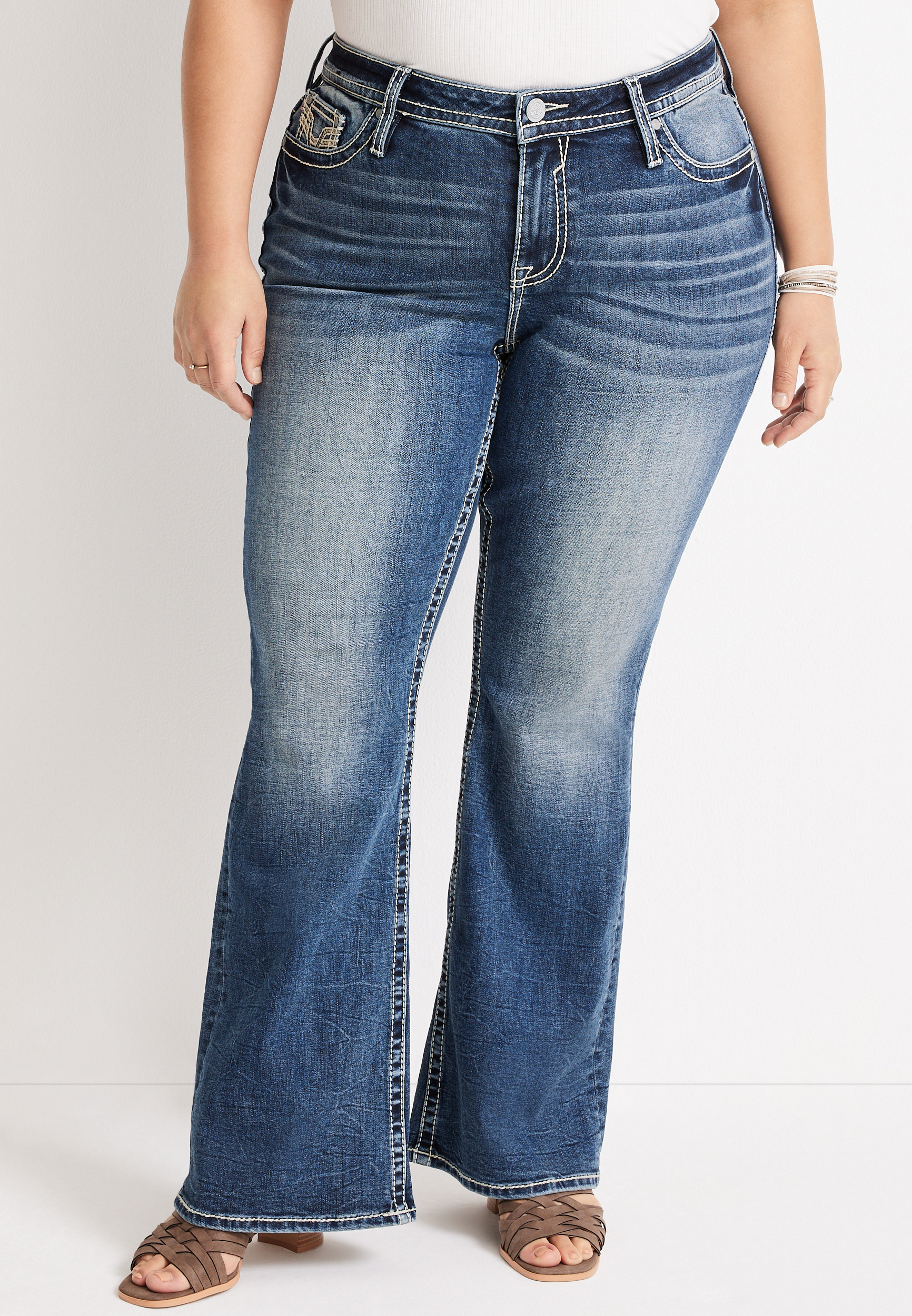 Plus Size Vigoss&reg; Flare Mid Rise Floral Pocket Jean, DARK SANDBLAST, large