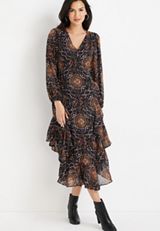 Printed Flounce Midi Dress, C1756, small