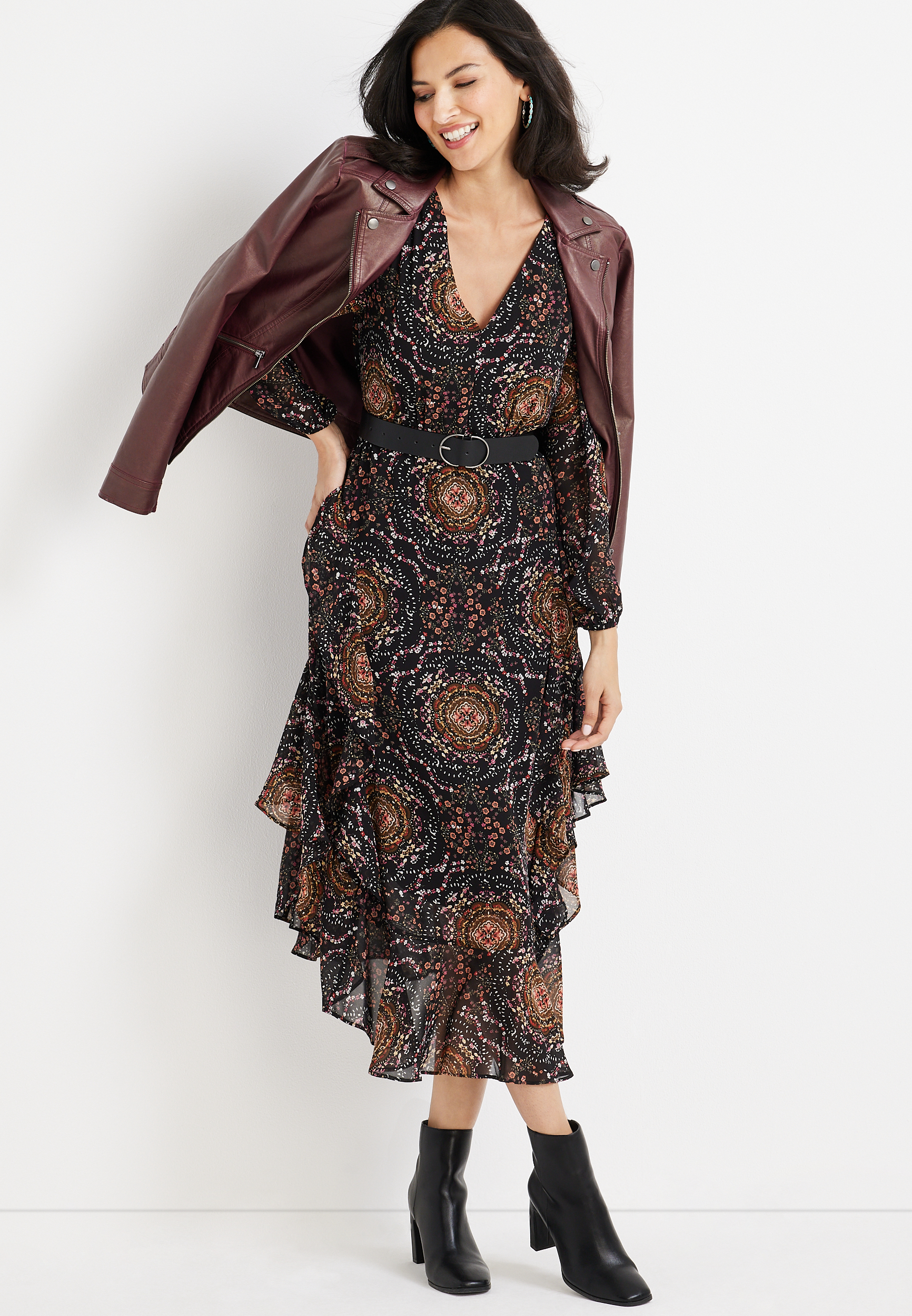Printed Flounce Midi Dress, C1756, large