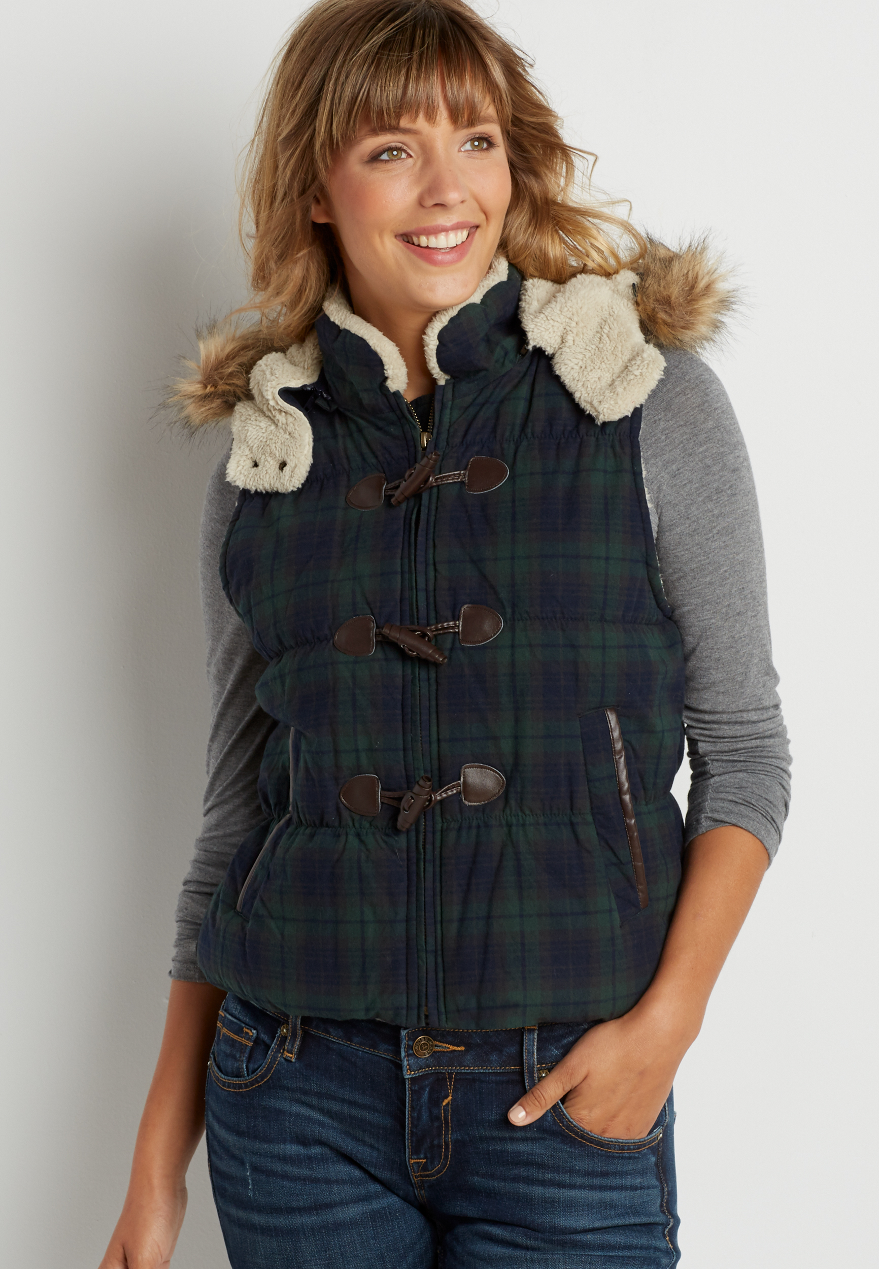 plaid puffer vest with shearling lining | maurices