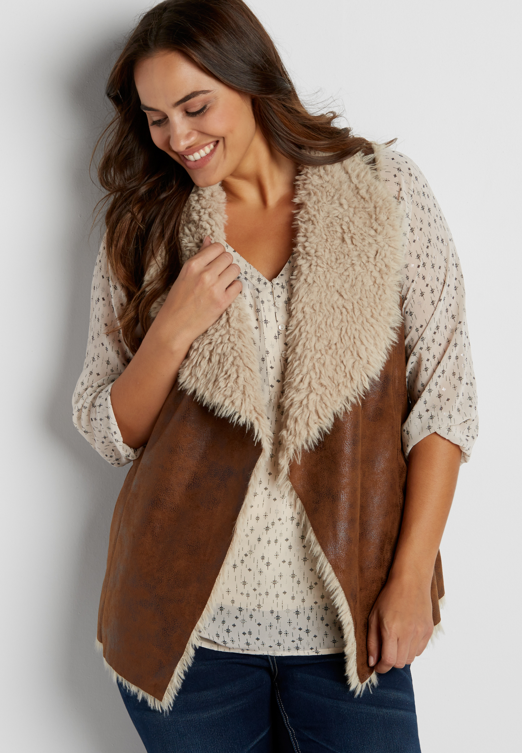 plus size faux suede vest with faux sherpa lining maurices