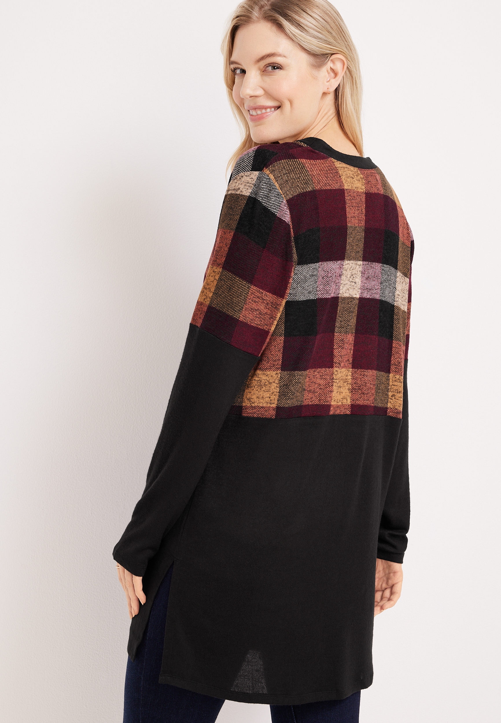 Plaid Colorblock Mixer Cardigan, BLACK COMBO, large