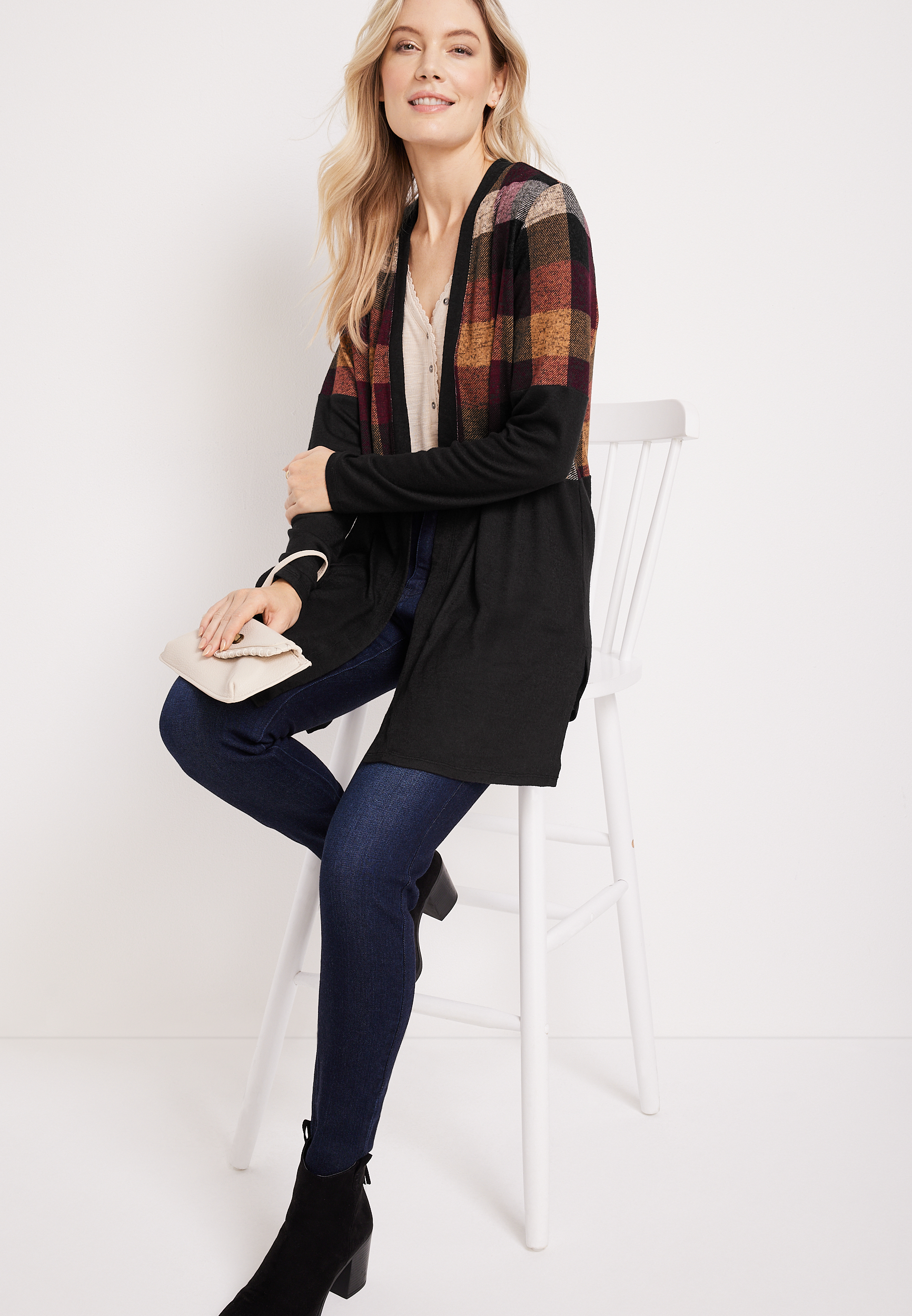 Plaid Colorblock Mixer Cardigan, BLACK COMBO, large