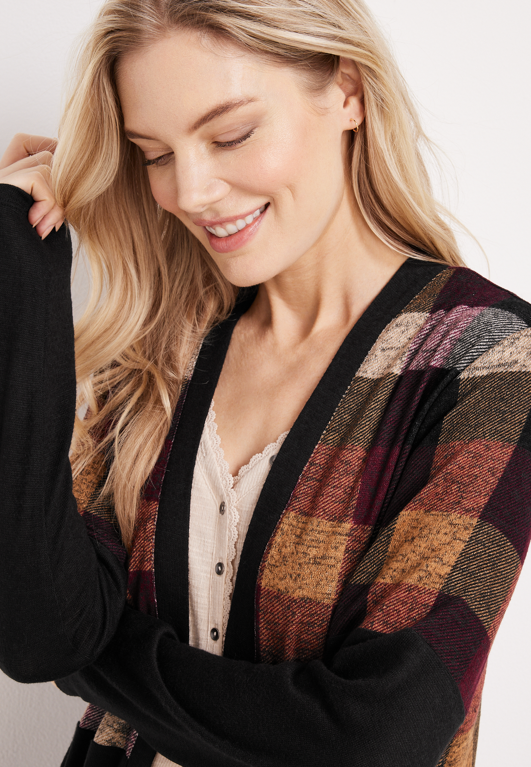 Plaid Colorblock Mixer Cardigan, BLACK COMBO, large