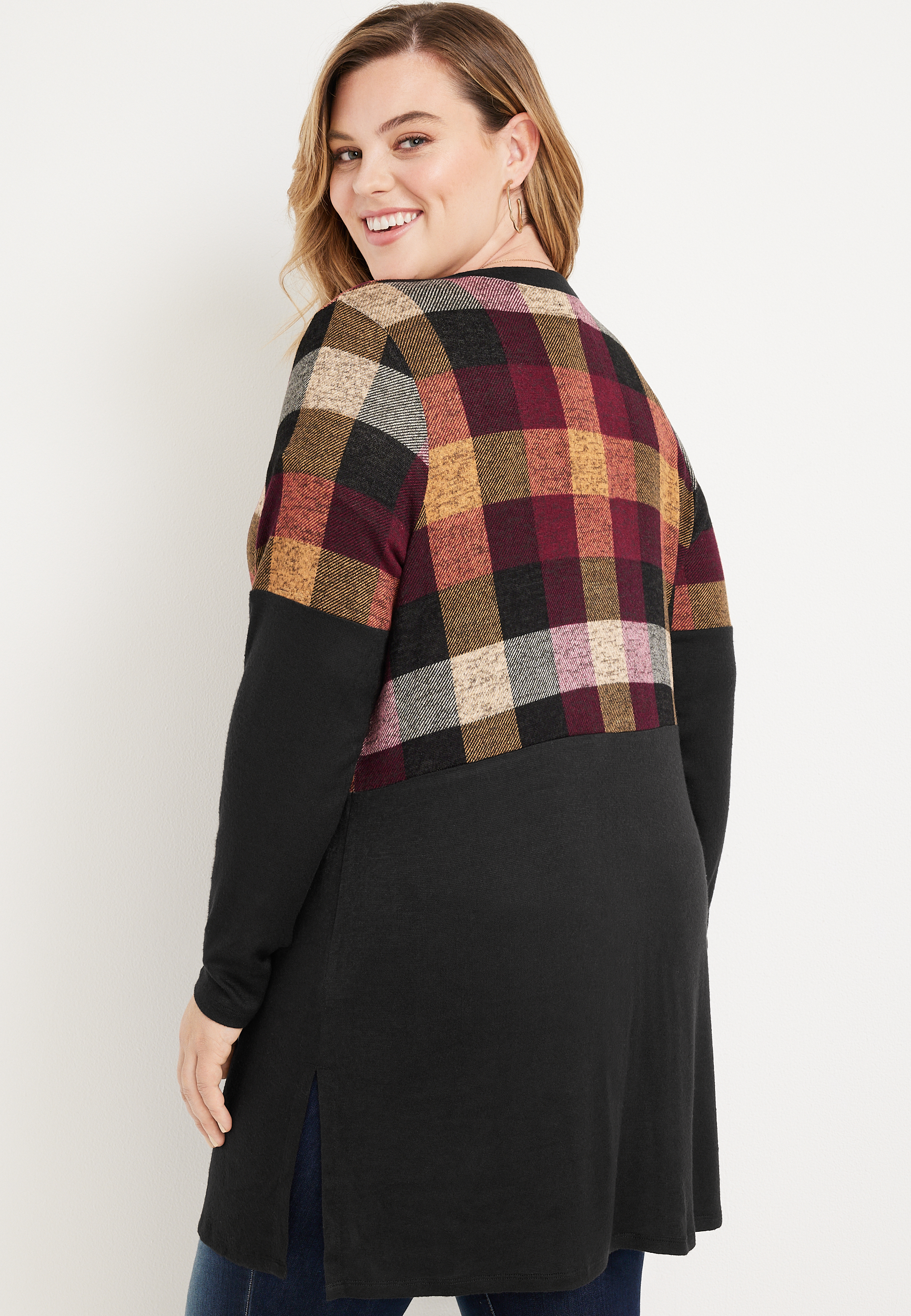 Plus Size Plaid Colorblock Mixer Cardigan, C1756, large