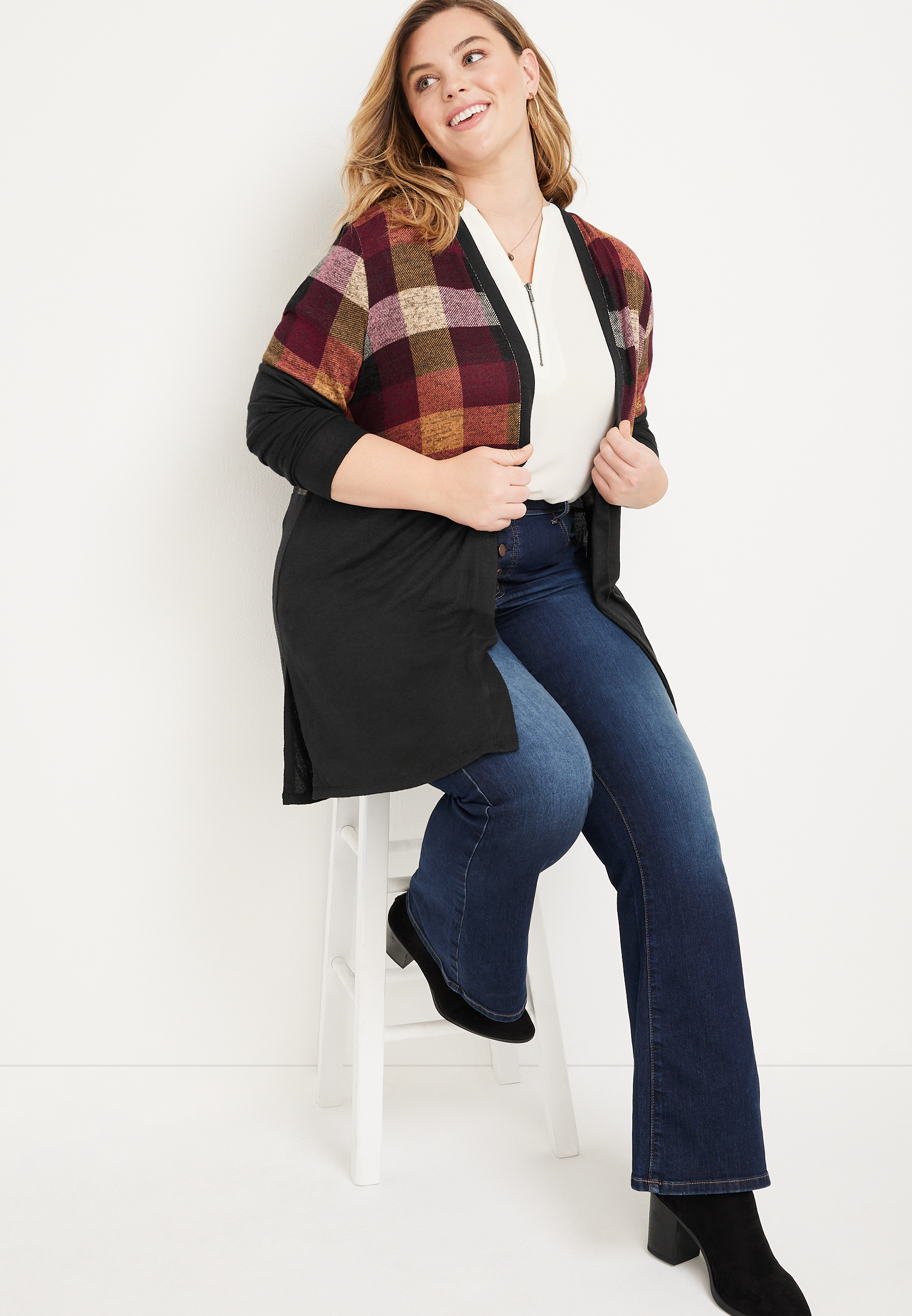 Plus Size Plaid Colorblock Mixer Cardigan, C1756, large