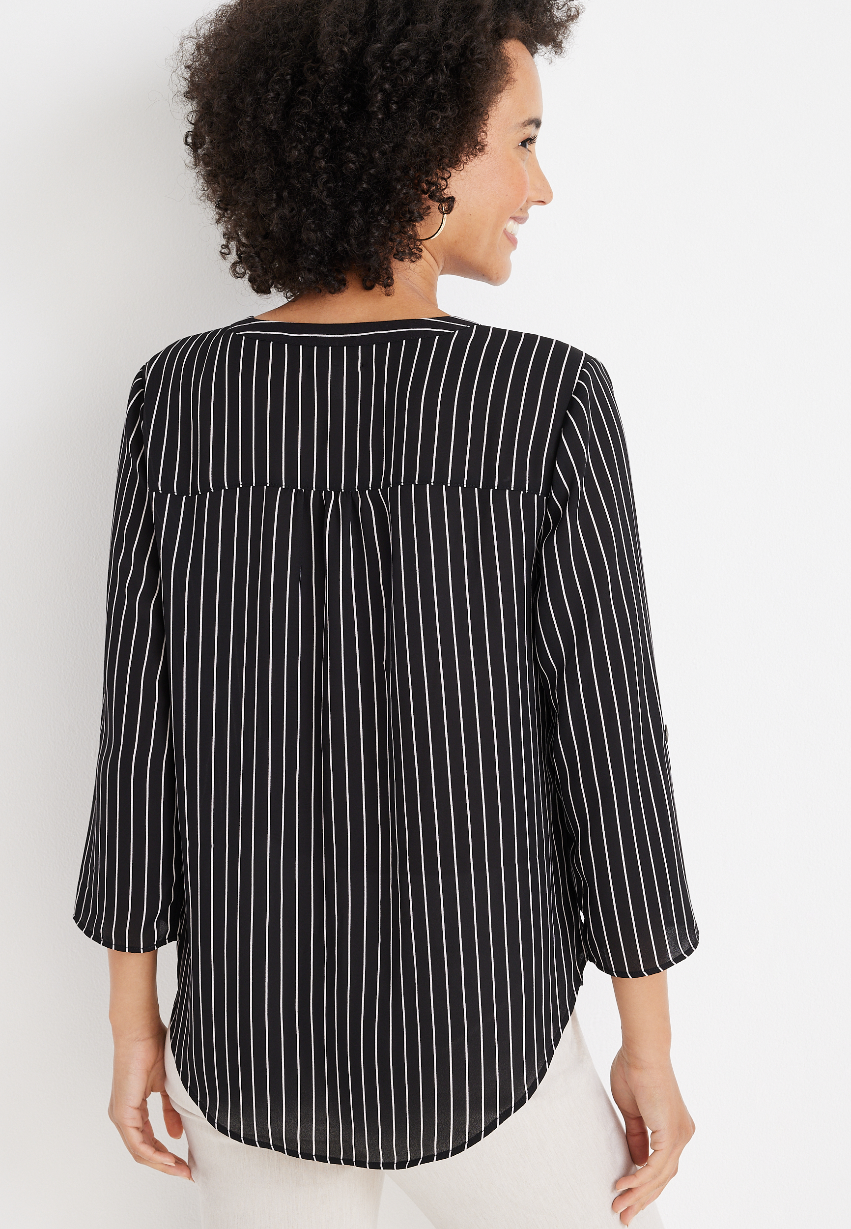 Atwood Striped 3/4 Sleeve Popover Blouse, BLACK COMBO, large