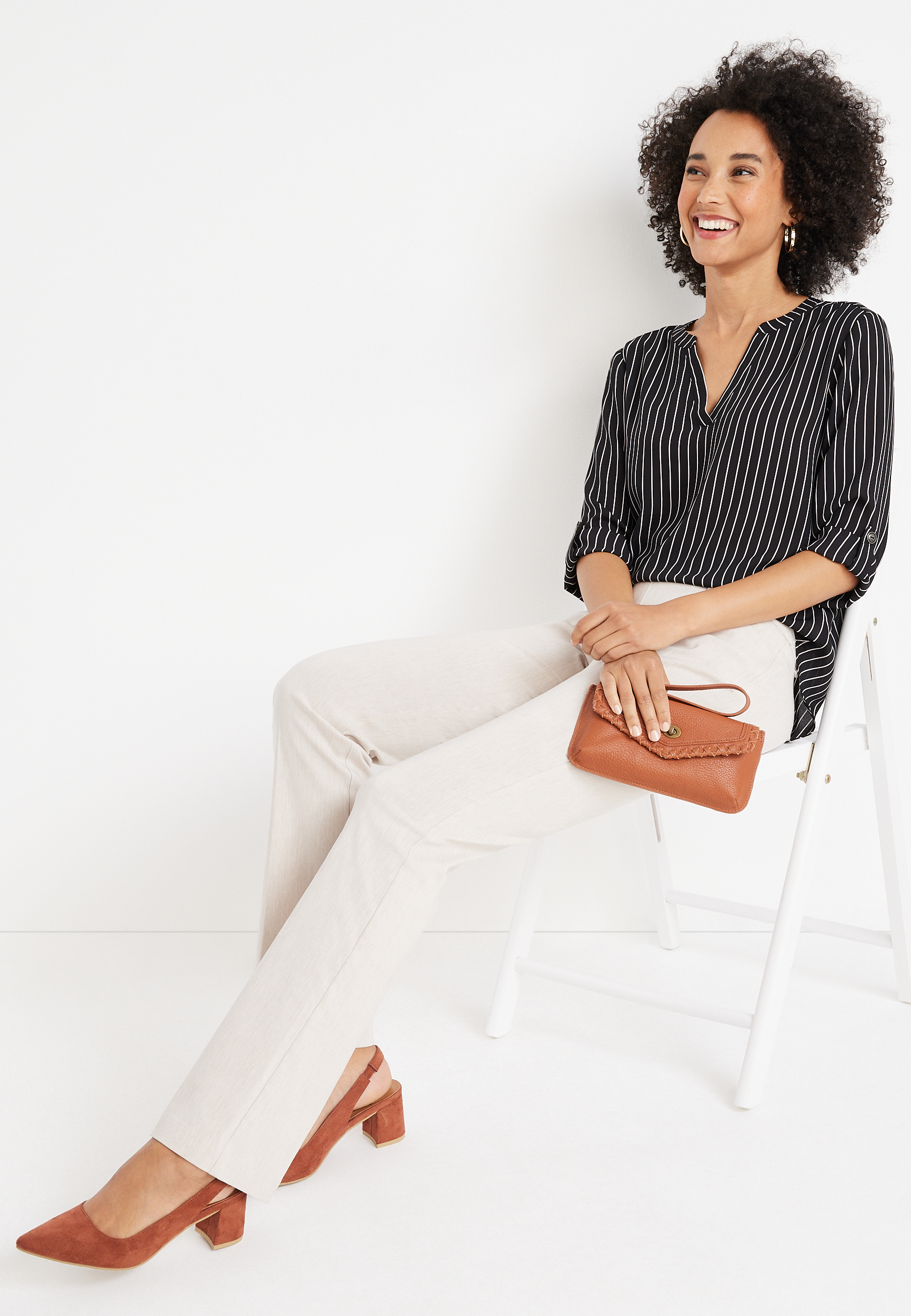 Atwood Striped 3/4 Sleeve Popover Blouse, BLACK COMBO, large