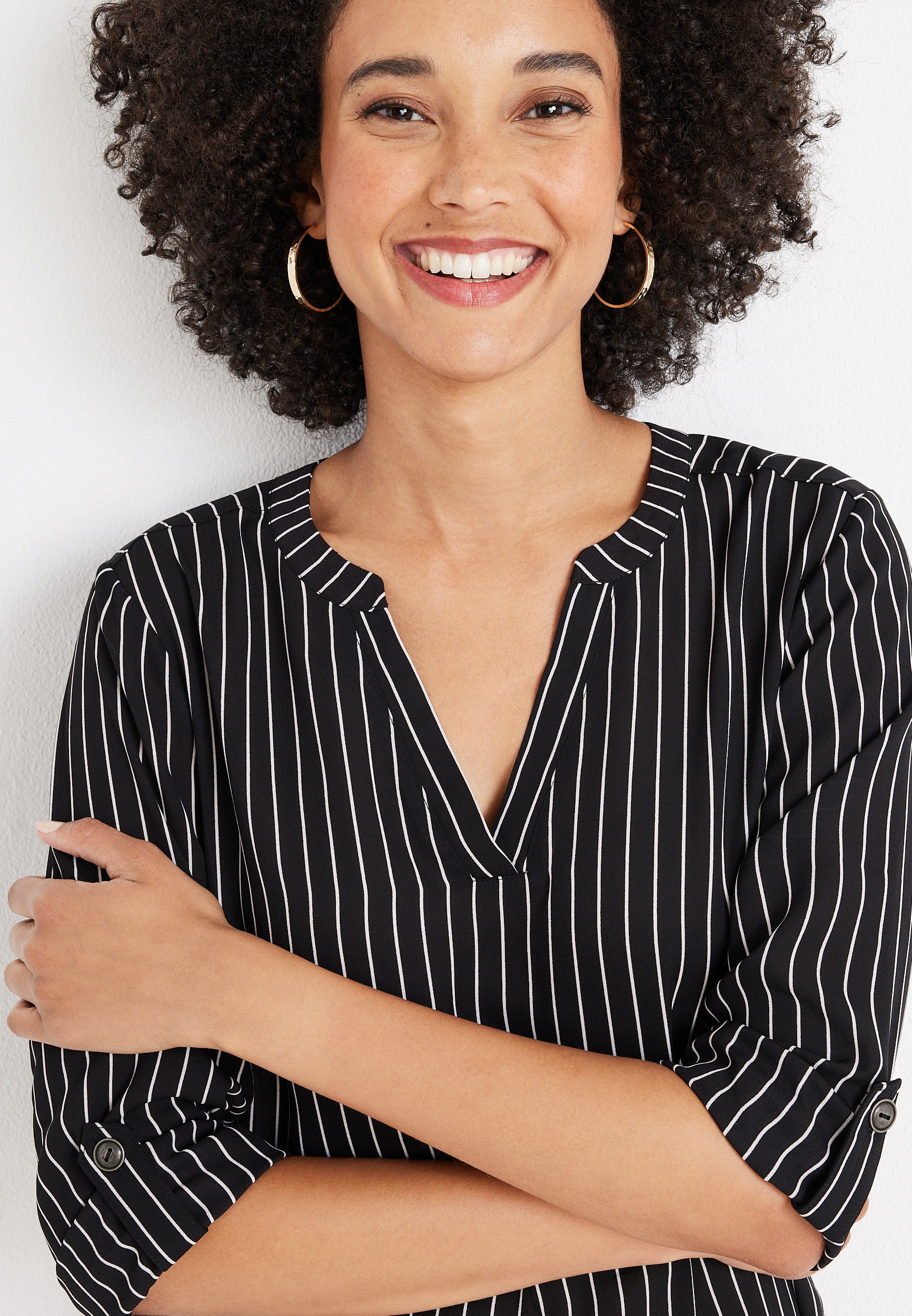Atwood Striped 3/4 Sleeve Popover Blouse, BLACK COMBO, large