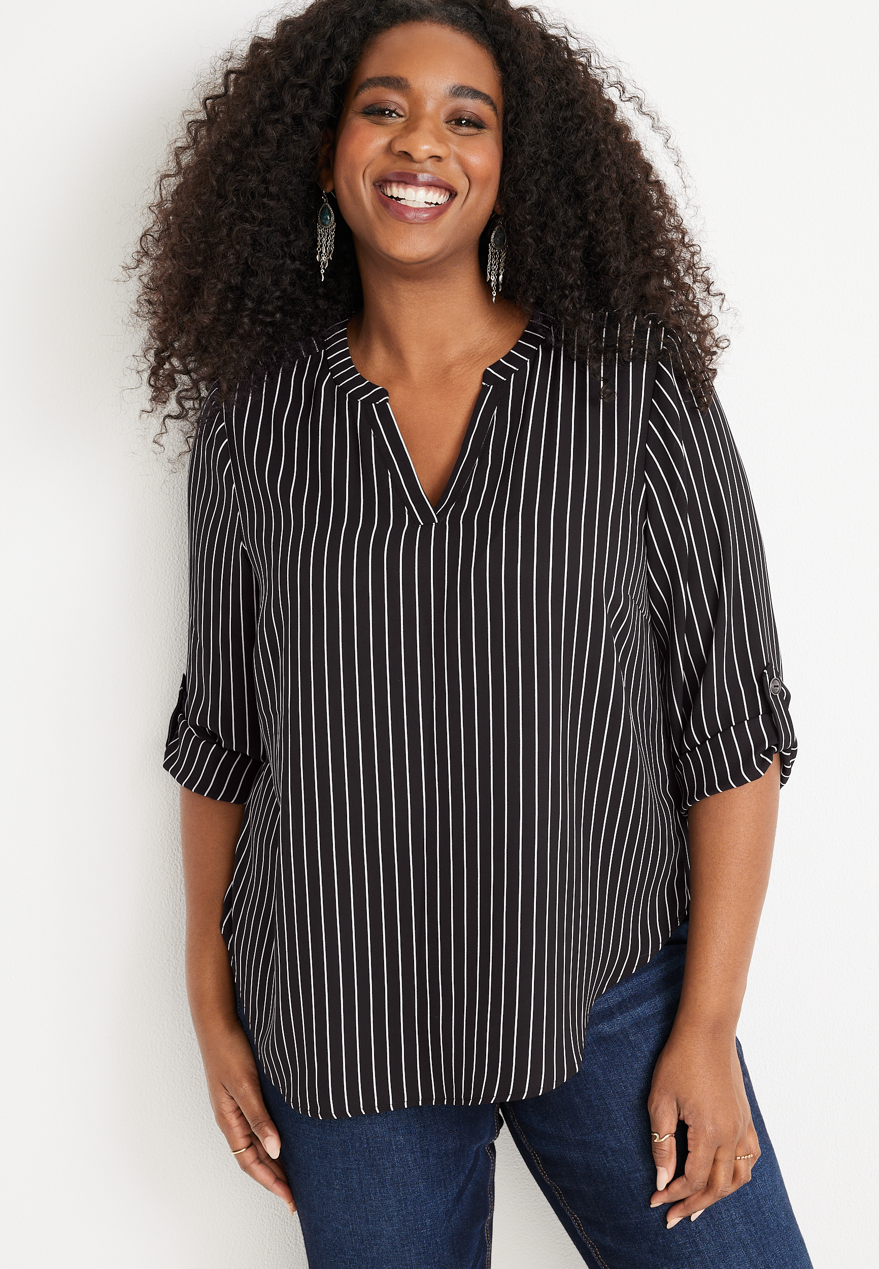 Plus Size Atwood Striped 3/4 Sleeve Popover Blouse | maurices