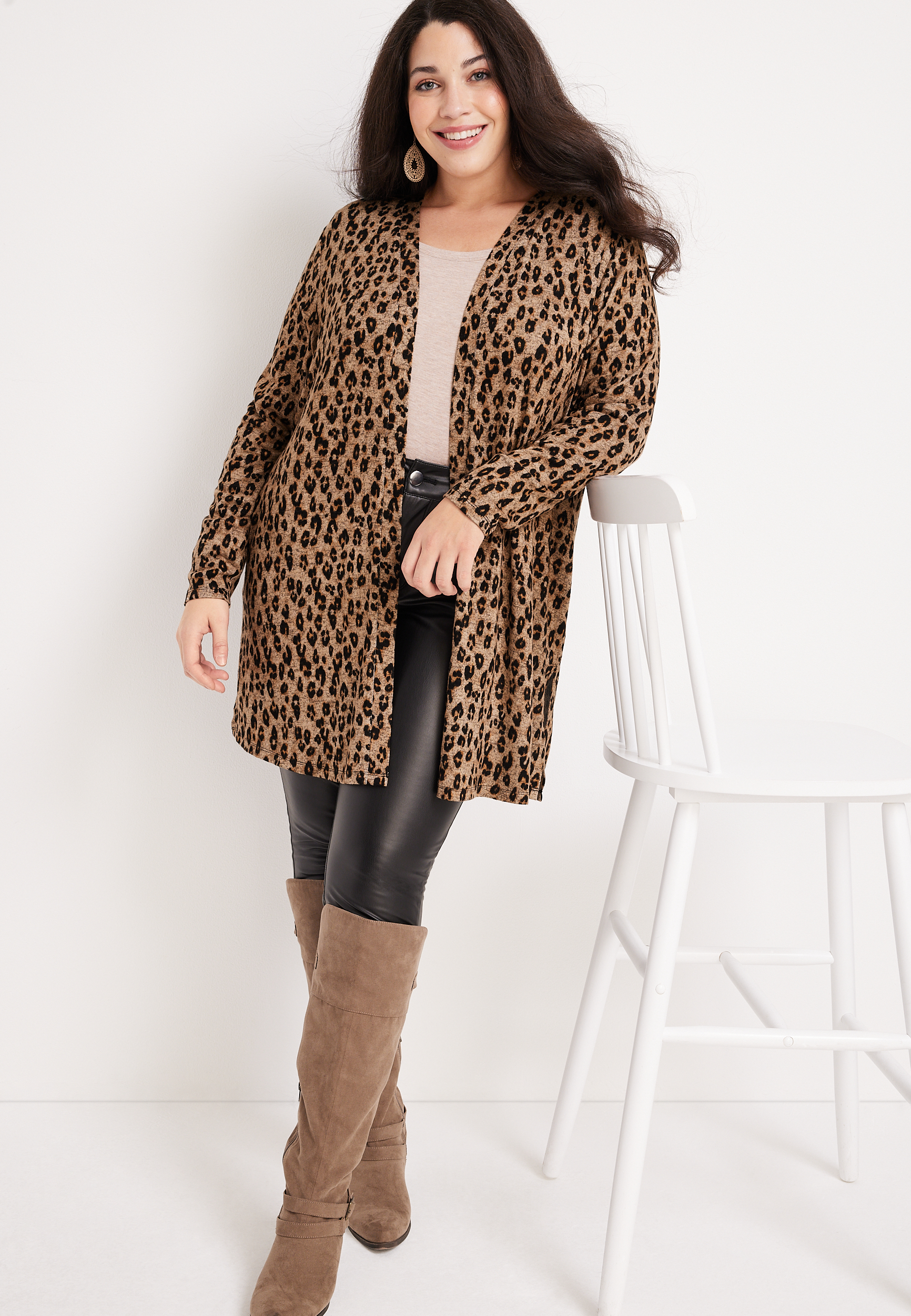 Plus Size Leopard Cardigan, HEATHERED COCOA, large